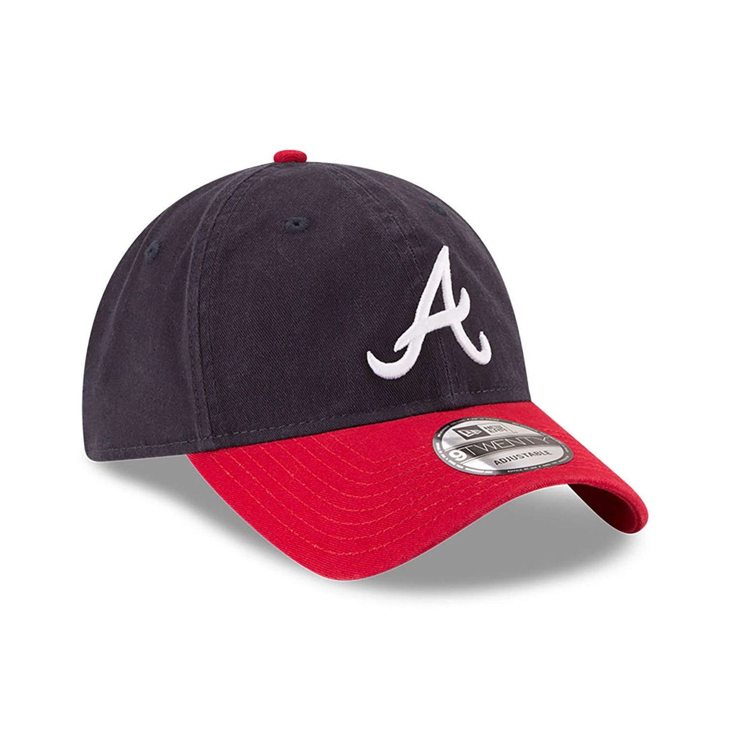 Atlanta Braves MLB Core Classic Navy and Red New Era 9TWENTY Adjustable Cap, front view showing the white embroidered A logo on the structured navy crown, with a red curved visor and a silver 9TWENTY size sticker on top.