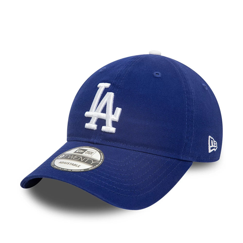 LA Dodgers MLB Core Classic Dark Blue New Era 9TWENTY Adjustable Cap, front view with raised white LA logo embroidered on the front panel, curved visor featuring a 9TWENTY size sticker, and New Era flag logo on the left side.