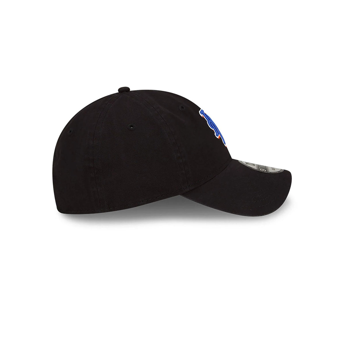 New York Mets MLB Core Classic Black New Era 9TWENTY Adjustable Cap, side view showing the royal blue and orange Mets logo embroidered on the front panel, black curved visor with 9TWENTY size sticker, and black top button.