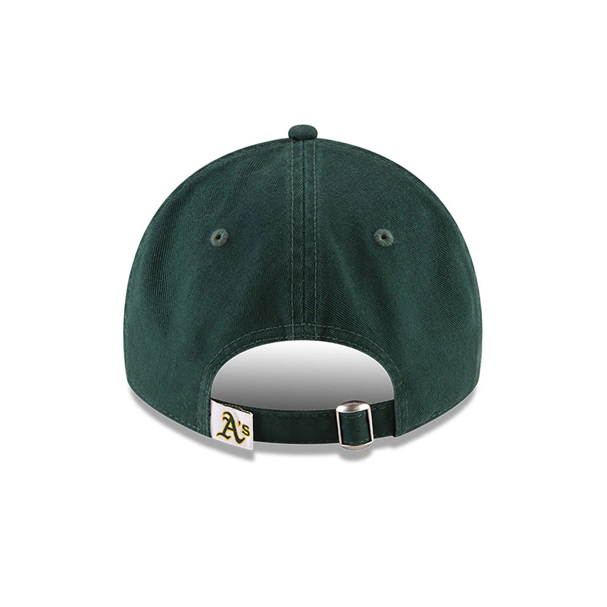 Athletics MLB Core Classic Dark Green New Era 9TWENTY Adjustable Cap, rear view showing the embroidered A’s logo on the fabric strap at the opening, with a silver buckle and a structured dark green crown.