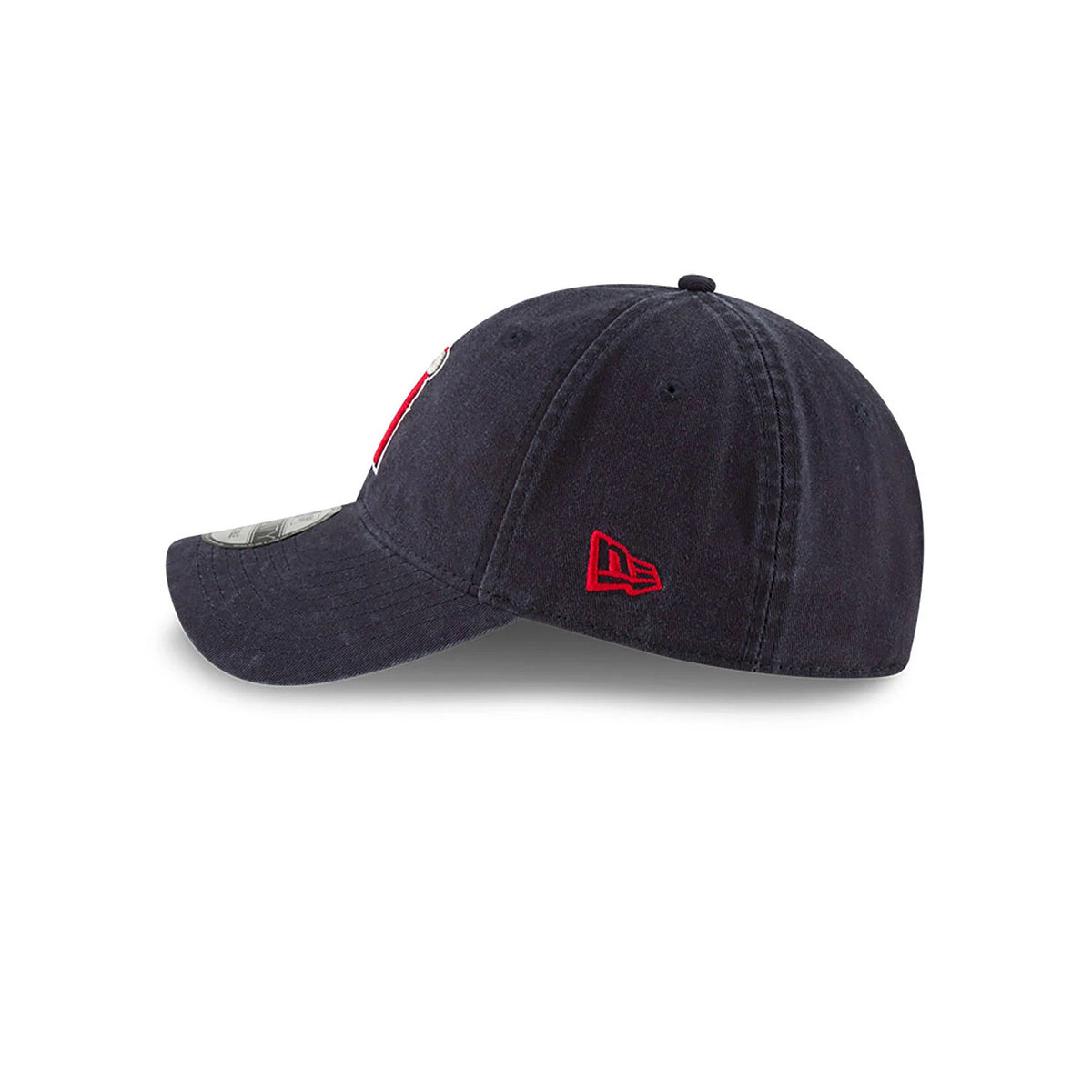 LA Angels MLB Core Classic Navy New Era 9TWENTY Adjustable Cap, side view showing the red embroidered New Era flag logo on the left side of the unstructured navy crown with a curved visor.
