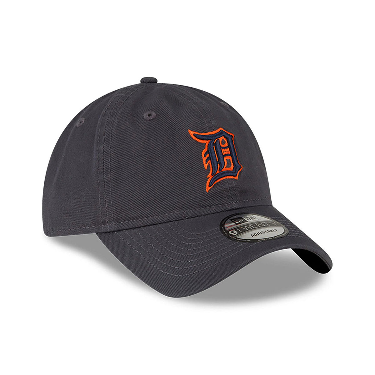 Detroit Tigers MLB Core Classic Dark Grey New Era 9TWENTY Adjustable Cap, front view with the raised orange embroidered D logo on the front panel, curved visor and 9TWENTY size sticker on top.
