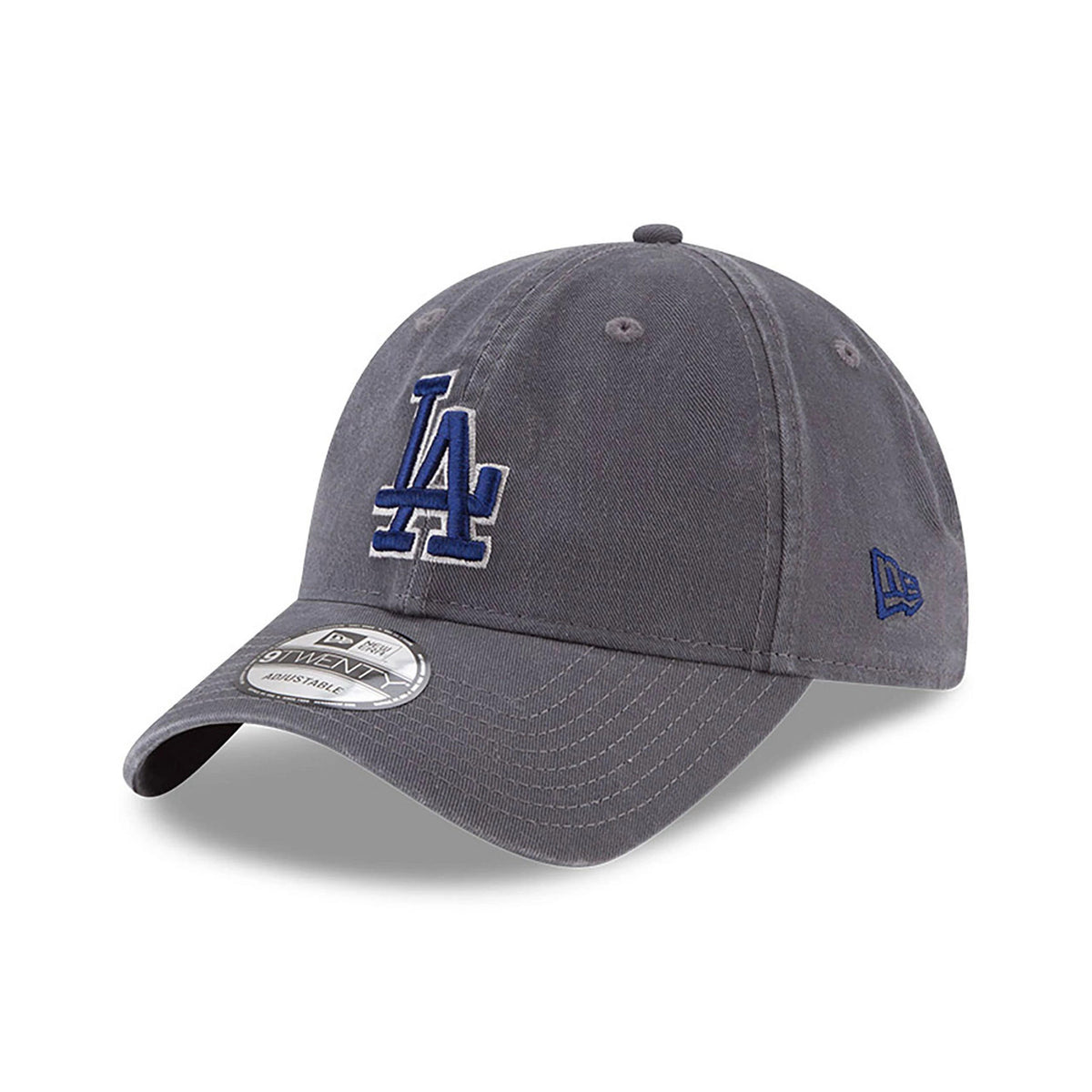 LA Dodgers MLB Core Classic Grey New Era 9TWENTY Adjustable Cap, three-quarter view showing the raised blue LA logo on the front panel, grey curved visor with embroidered eyelets, and blue New Era flag logo on the left side.