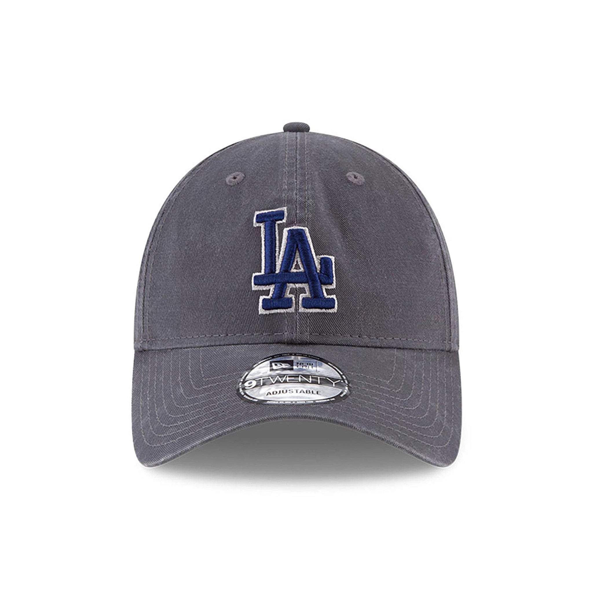 LA Dodgers MLB Core Classic Grey New Era 9TWENTY Adjustable Cap, front view showing the navy embroidered LA logo on the unstructured grey crown with a curved visor and a 9TWENTY size sticker.