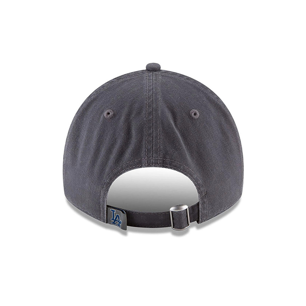 LA Dodgers MLB Core Classic Grey New Era 9TWENTY Adjustable Cap, rear view showing the blue embroidered LA logo on the adjustable strap, centred on the unstructured grey crown with matching grey stitching.