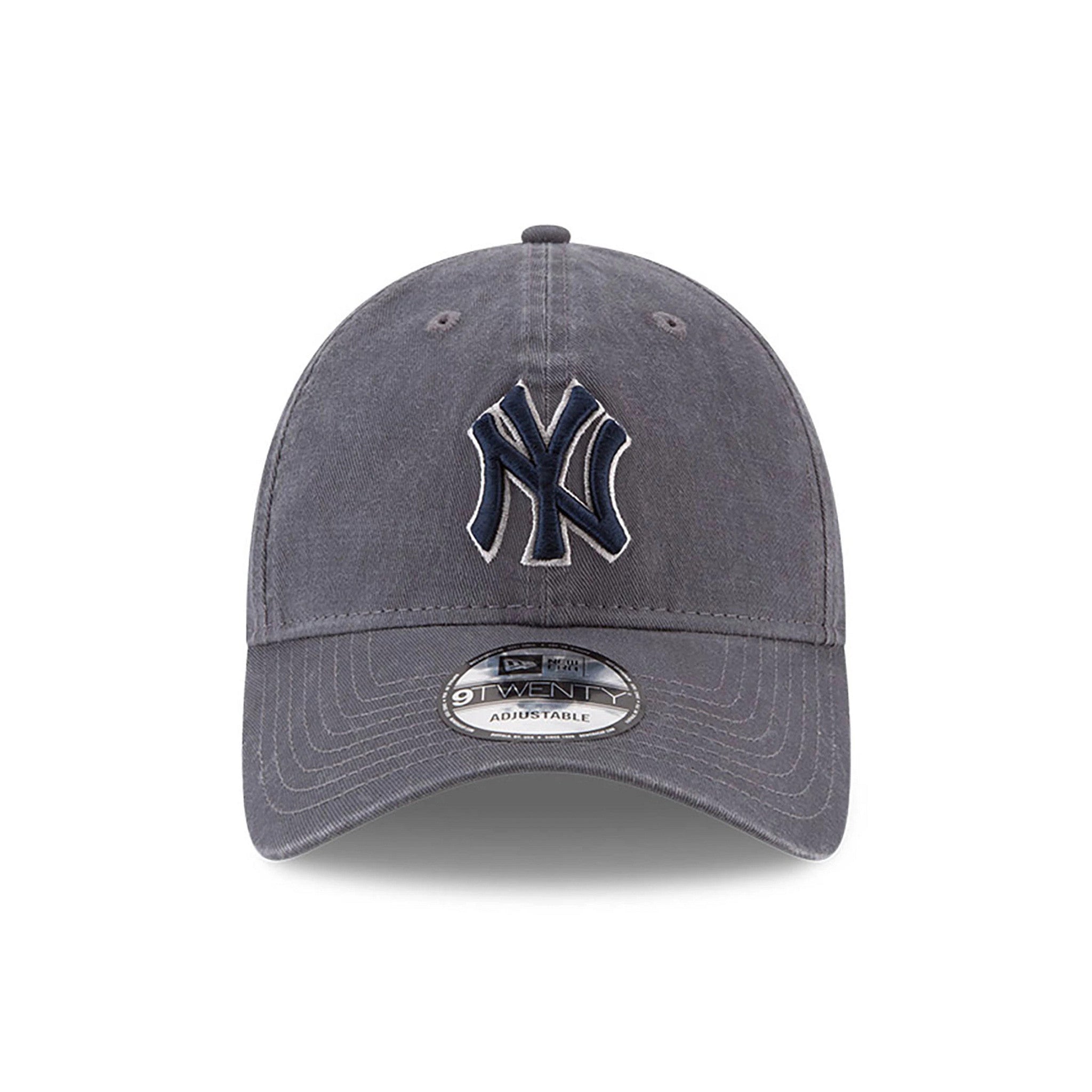 New York Yankees MLB Core Classic Grey New Era 9TWENTY Adjustable Cap, front view showing the raised embroidered navy NY logo on the structured grey crown, with a 9TWENTY size sticker on the curved visor.