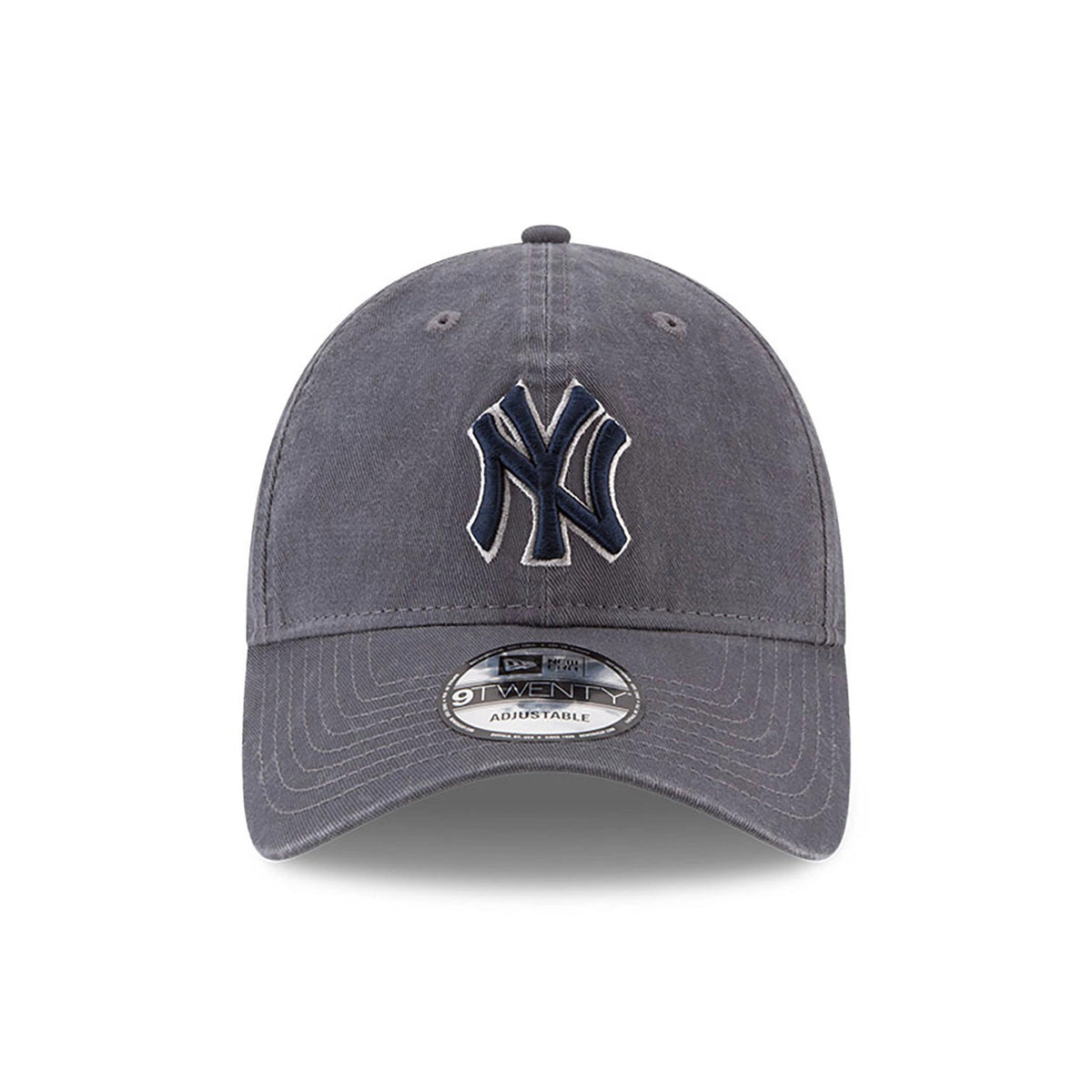 New York Yankees MLB Core Classic Grey New Era 9TWENTY Adjustable Cap, front view showing the raised embroidered navy NY logo on the structured grey crown, with a 9TWENTY size sticker on the curved visor.