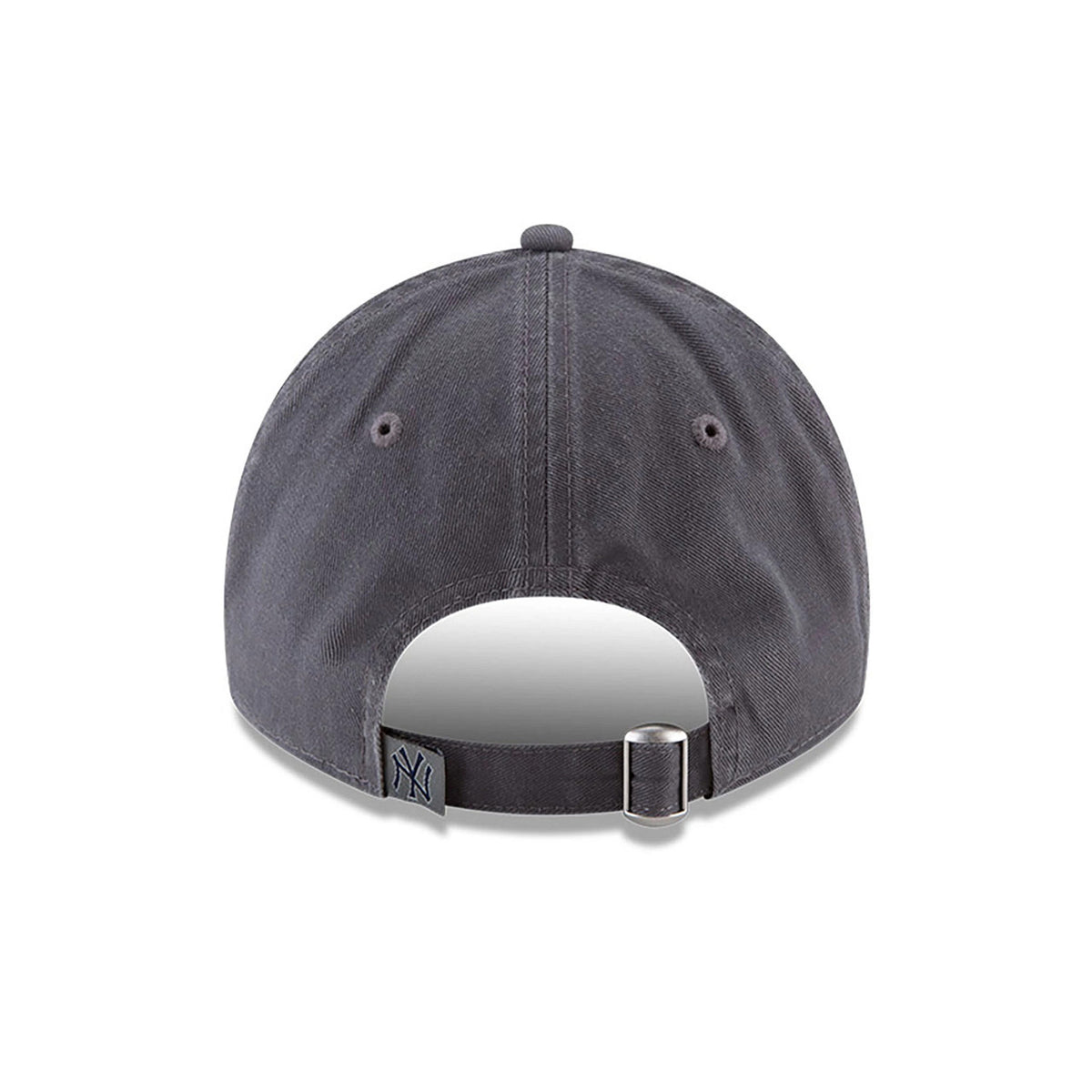 New York Yankees MLB Core Classic Grey New Era 9TWENTY Adjustable Cap, rear view showing the navy embroidered NY logo on the adjustable strap, with an unstructured grey crown and top button detail.
