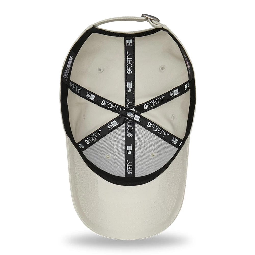 New York Yankees League Essential Stone New Era 9FORTY Cap, inside view showing black 9FORTY-branded taping across the stone interior, with white stitches and a black sweatband lining the edge.