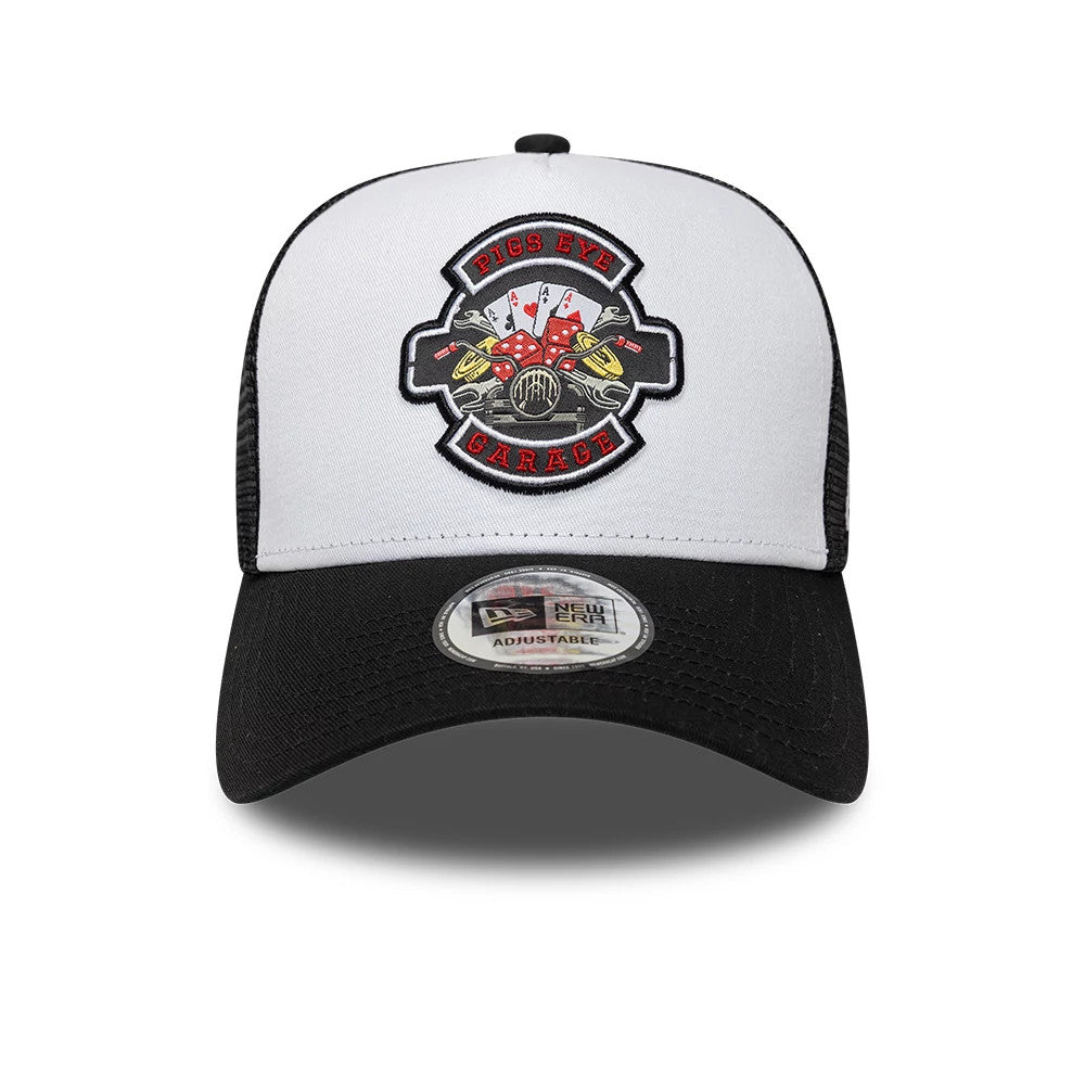 Pictured is this New Era Location Icon 9FORTY A-Frame Trucker Adjustable cap in black. 2