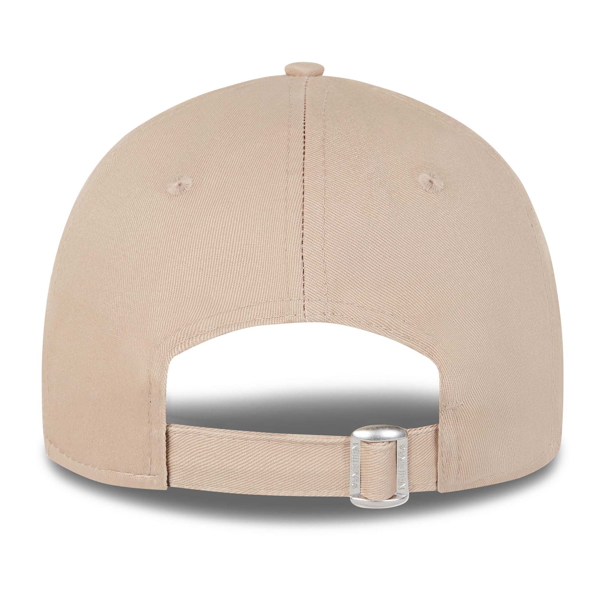 New York Yankees MLB Colour Essentials Beige New Era 9FORTY Cap, rear view showing an adjustable strap with silver clasp and top button, highlighting the smooth beige fabric across the back panels.