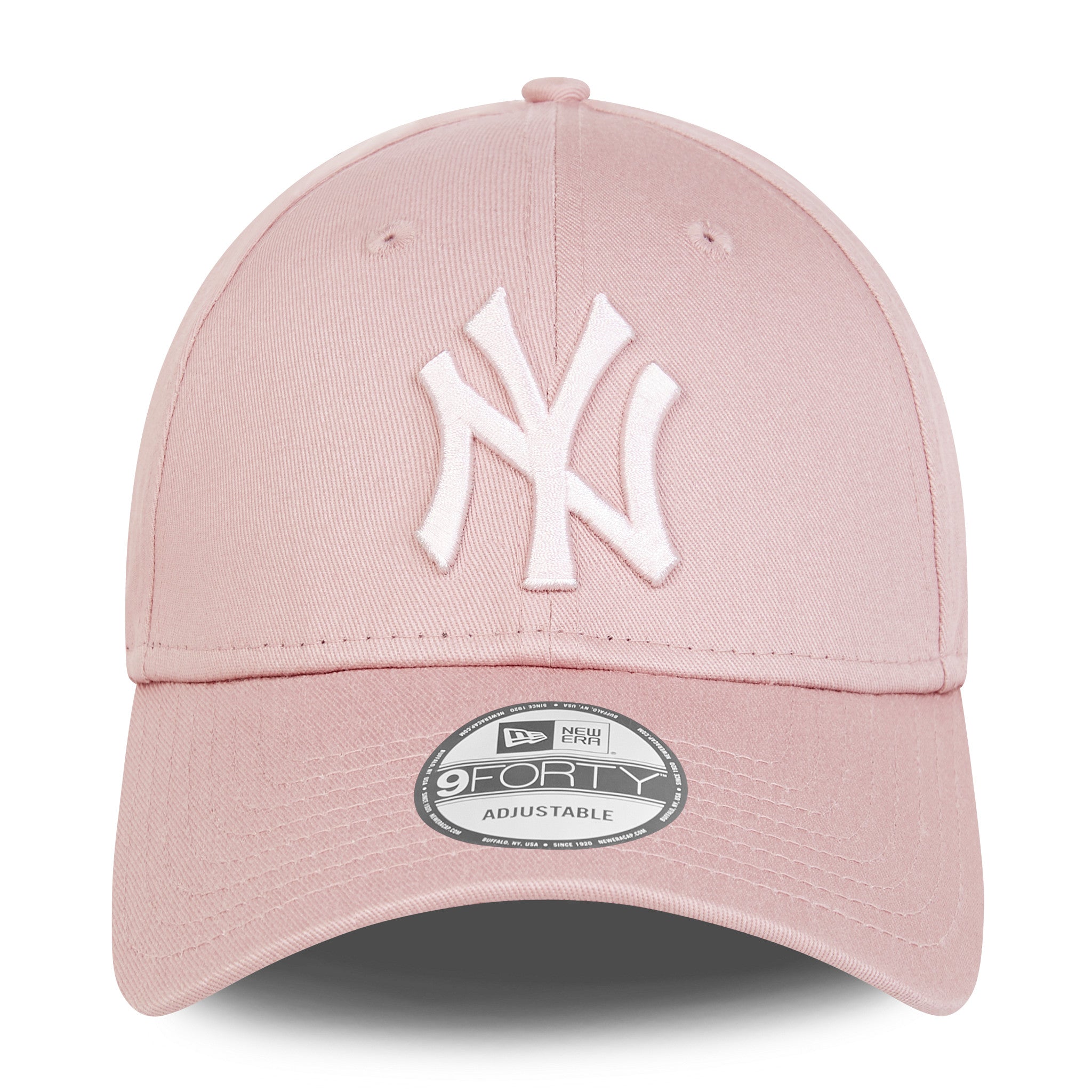 New York Yankees MLB Colour Essentials Pink New Era 9FORTY Cap, front view showing the raised white NY logo embroidered on the structured pink crown, with an arched visor featuring a 9FORTY size sticker.