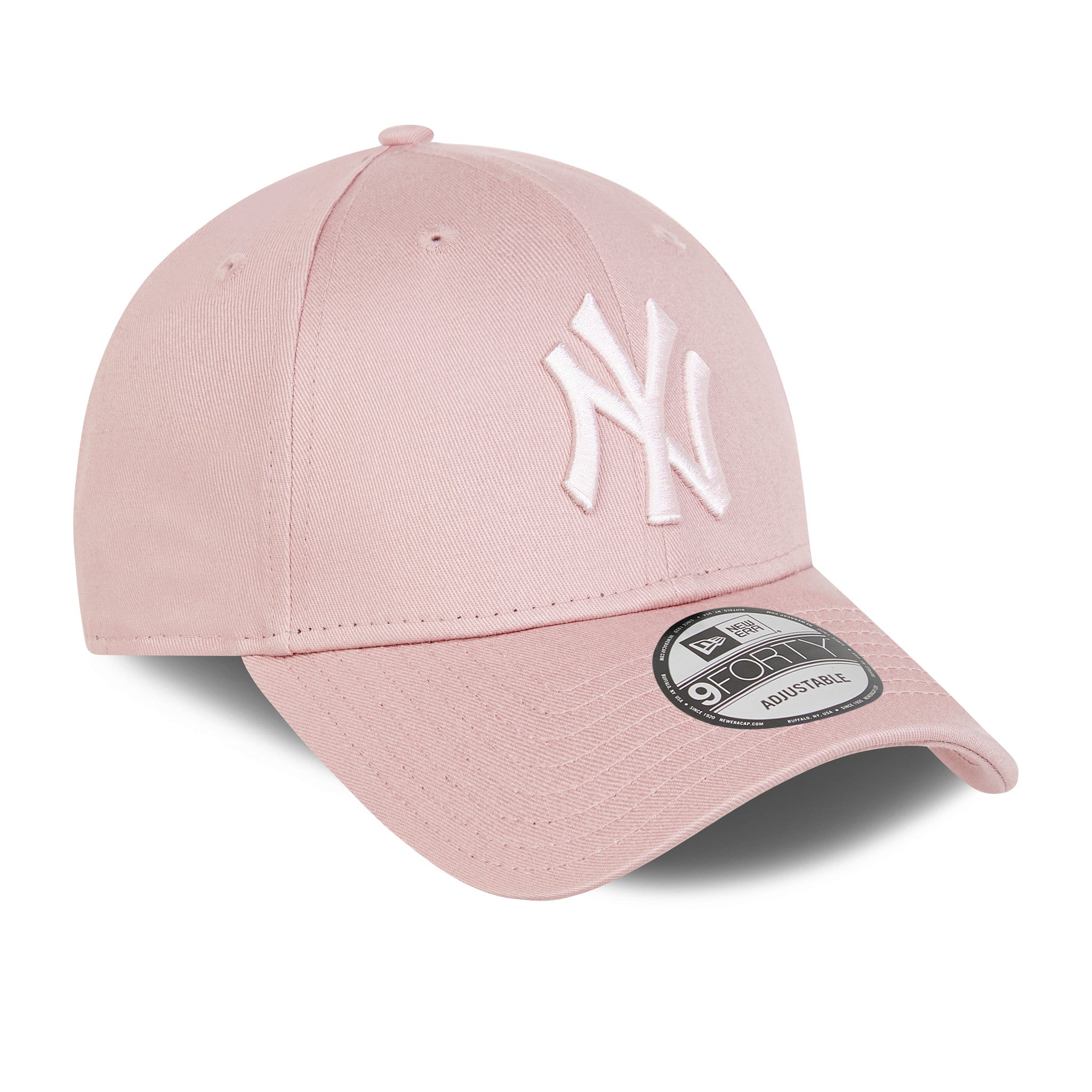 New York Yankees MLB Colour Essentials Pink New Era 9FORTY Cap, three-quarter view showing the white raised NY logo embroidered on the front panel, curved pink visor, and 9FORTY size sticker on the top.
