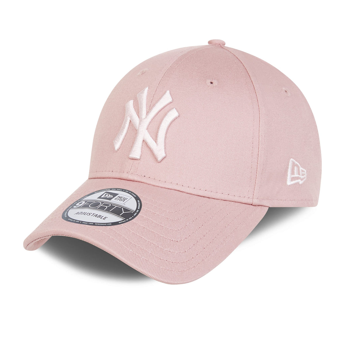 New York Yankees MLB Colour Essentials Pink New Era 9FORTY Cap, three-quarter view showing the raised white NY logo on the front panel, embroidered New Era flag logo on the left side, and 9FORTY size sticker on the curved visor.