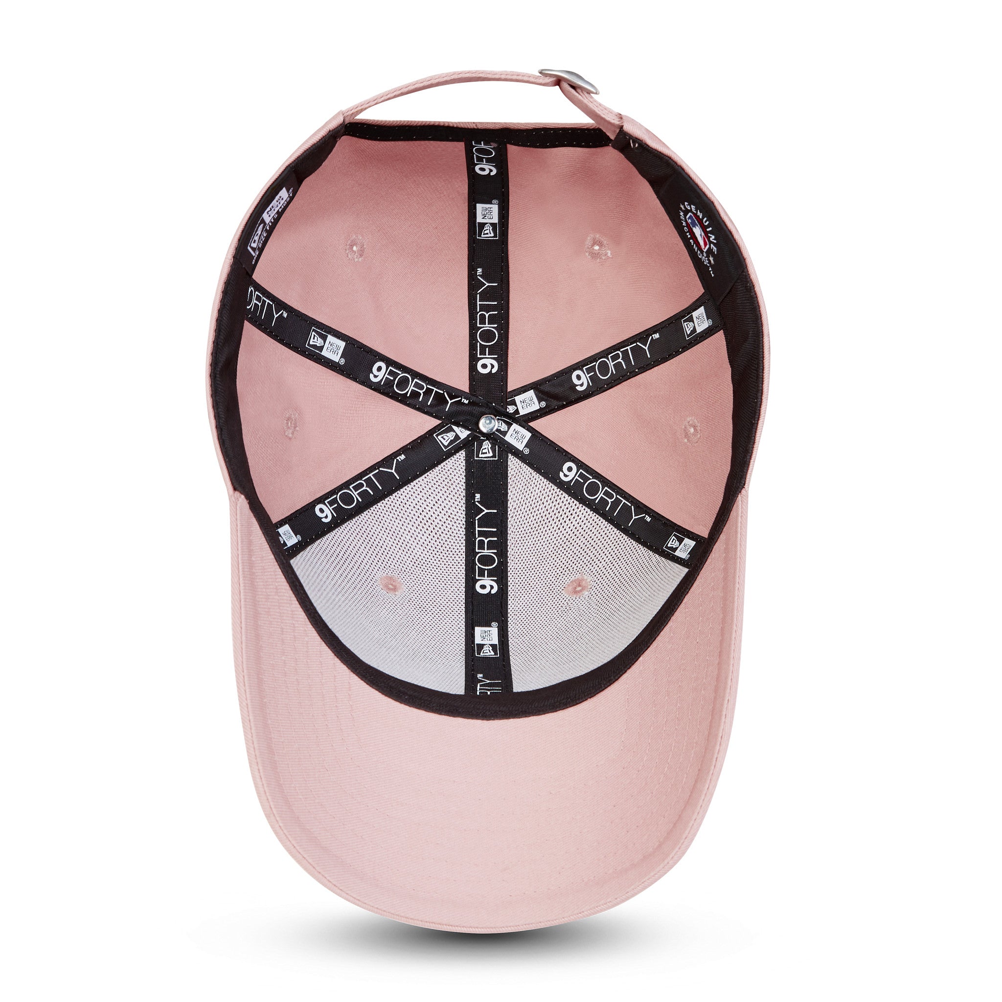 New York Yankees MLB Colour Essentials Pink New Era 9FORTY Cap, inside view showing black taping with white 9FORTY branding, a pink sweatband, and a grey undervisor beneath the structured pink crown.