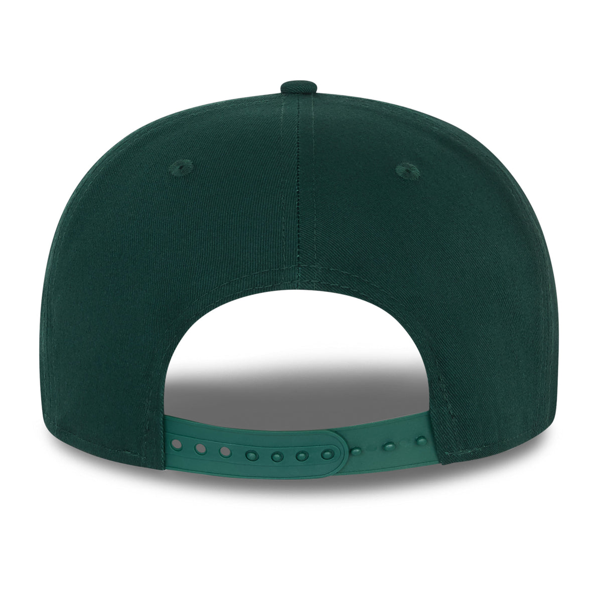 Athletics MLB Essential Dark Green New Era 9FIFTY Cap, rear view featuring an adjustable snapback closure and matching dark green top button, with unadorned panels on the structured crown.