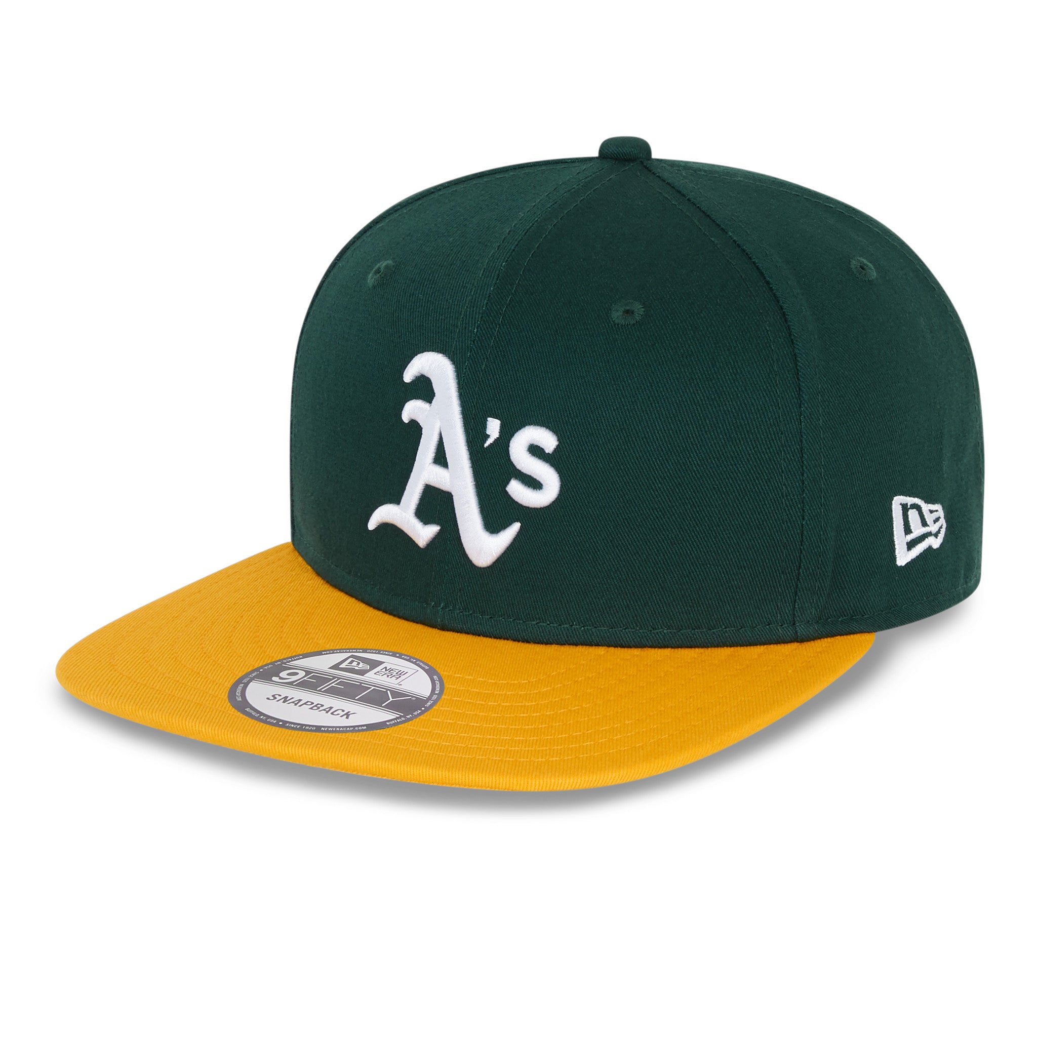 Athletics MLB Essential Dark Green New Era 9FIFTY Cap, front view showing the raised white embroidered A's logo on the dark green crown, with a yellow visor and a 9FIFTY size sticker on the top.