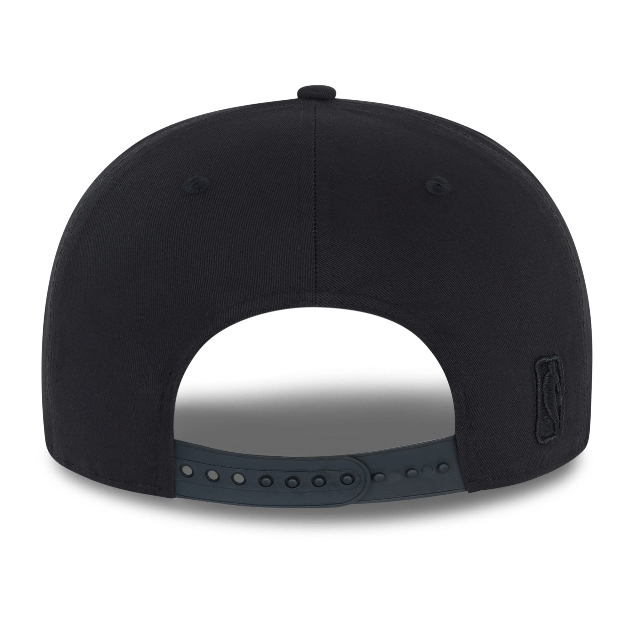 Chicago Bulls NBA Black On Black New Era 9FIFTY Cap, rear view showing the black embroidered NBA logo on the left side of the adjustable black snapback closure on the structured black crown.
