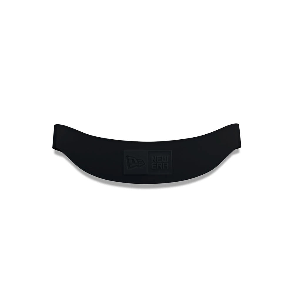 New Era Black Visor Curver, front view showing a curved black visor with an embossed New Era logo centred on the surface, designed for shaping and maintaining the visor's curve on headwear.