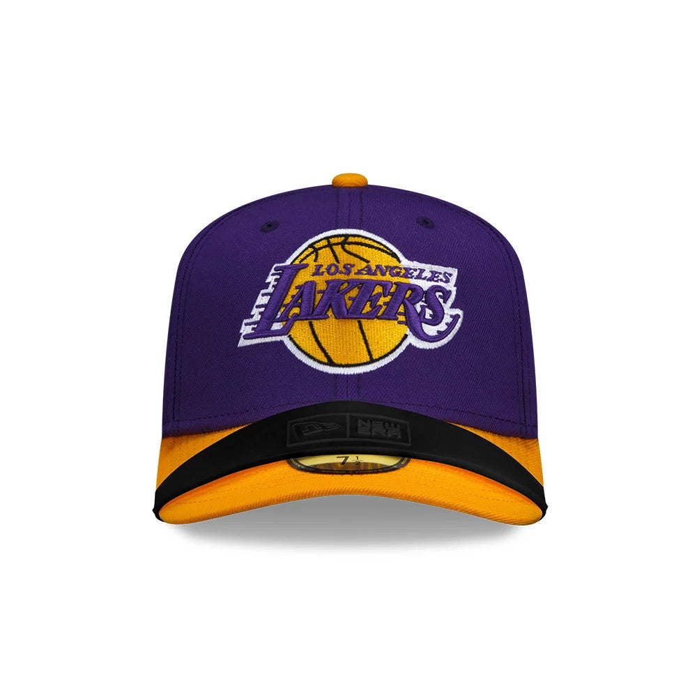 New Era Black Visor Curver, front view showing the raised Los Angeles Lakers logo embroidered in purple and yellow on the front panel, with an orange visor and a black visor curver centrally placed.