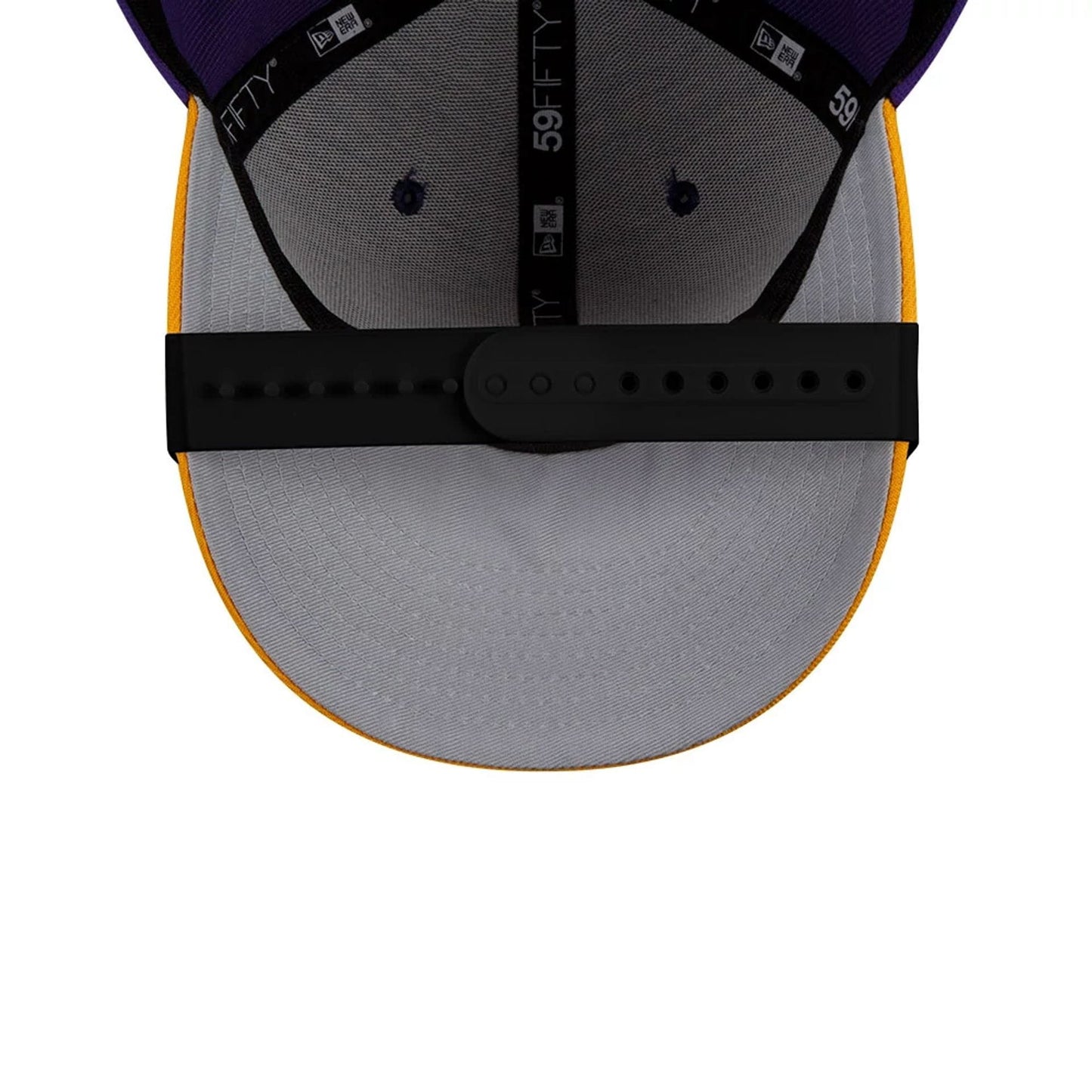 New Era Black Visor Curver, inside view showing the grey undervisor with black taping inscribed with 59FIFTY, purple interior panels with matching embroidered eyelets, and a black snapback closure.