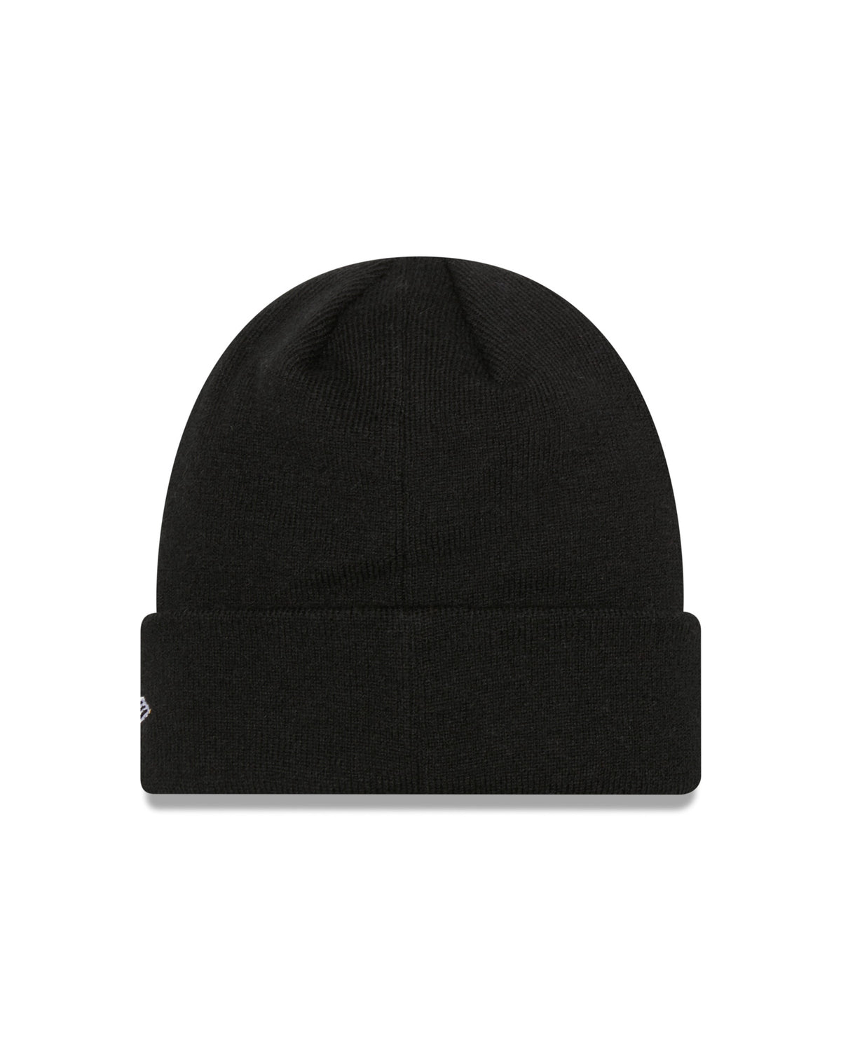 New York Yankees Team Black Beanie Hat, front view with a turn-up cuff featuring a small embroidered New Era flag logo on the left side, showcasing a simple and classic knitted design.