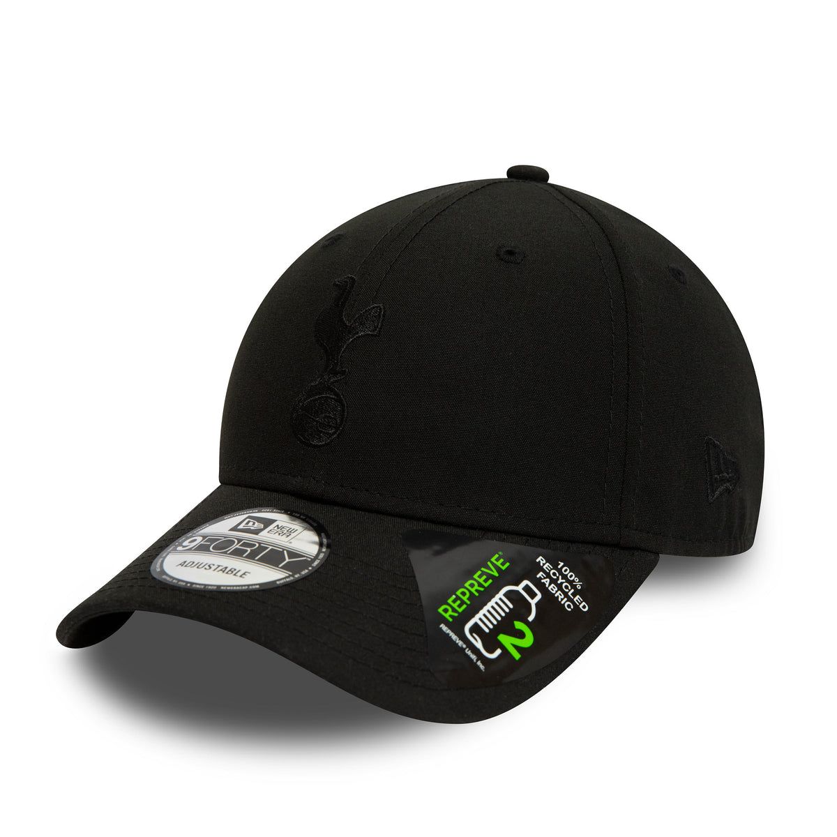 Tottenham Hotspur Repreve Black New Era 9FORTY Adjustable Cap, front view showing the black embroidered team logo on the front panel, curved visor with 9FORTY size sticker, and New Era flag logo on the left side.
