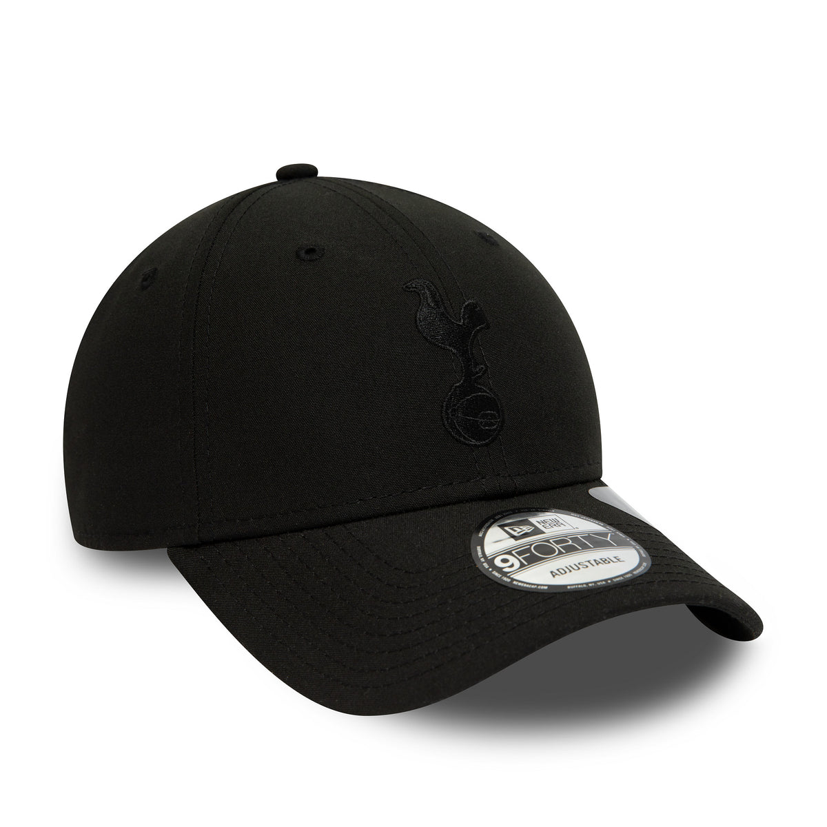 Tottenham Hotspur Repreve Black New Era 9FORTY Adjustable Cap, front view with the black raised embroidered cockerel logo on the front panel, curved visor and 9FORTY size sticker on top.