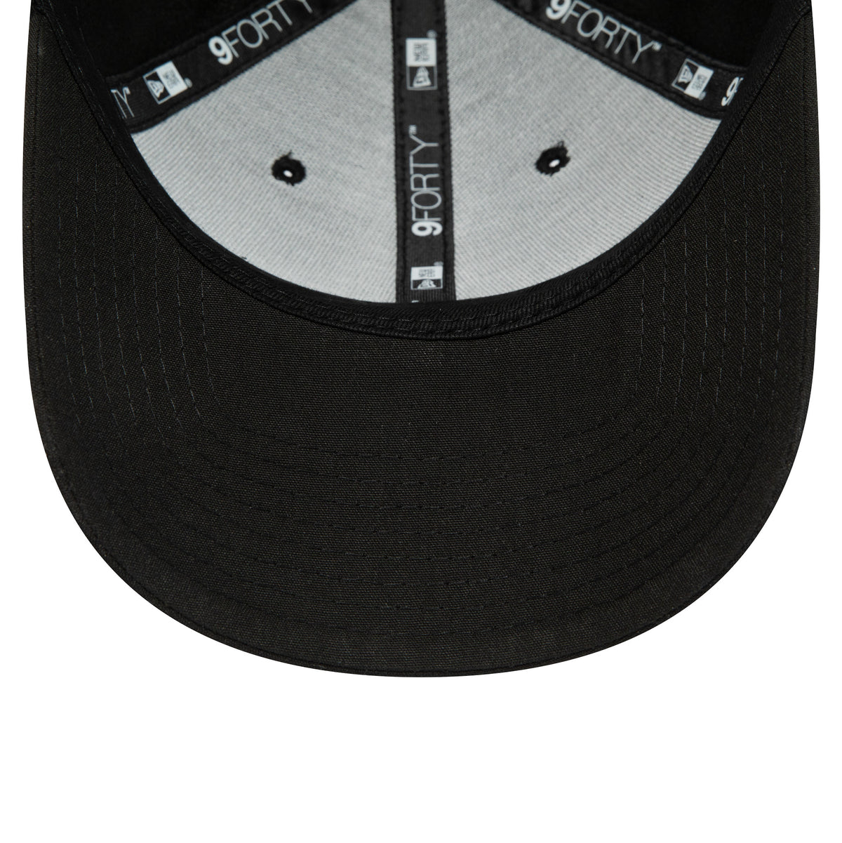 Tottenham Hotspur Repreve Black New Era 9FORTY Adjustable Cap, inside view showing the grey sweatband with 9FORTY taping, black eyelets, and black fabric on the top side of the visor.