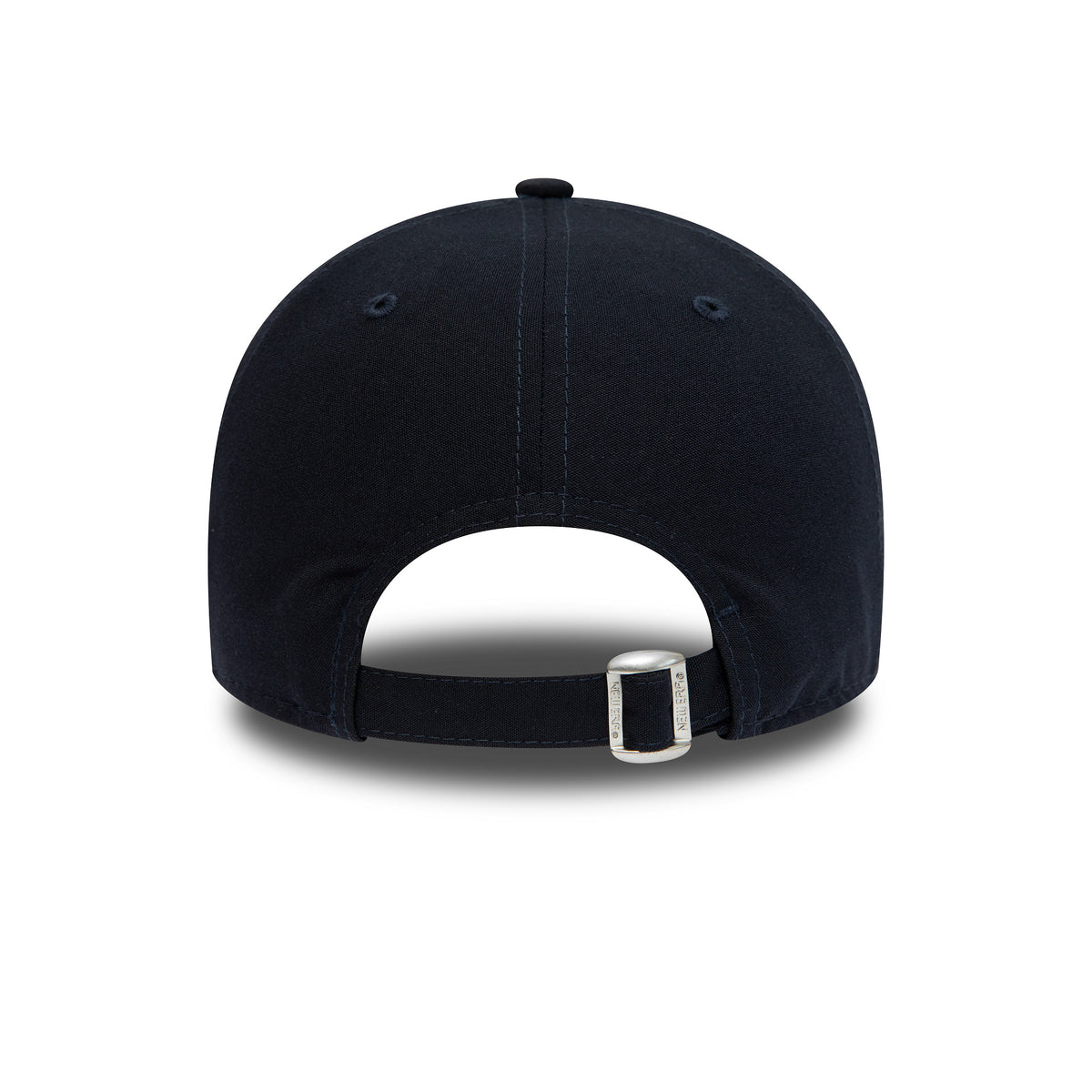Tottenham Hotspur Repreve Navy New Era 9FORTY Adjustable Cap, rear view with a silver buckle and strap closure, featuring a structured navy crown and centred eyelets along the back panels.