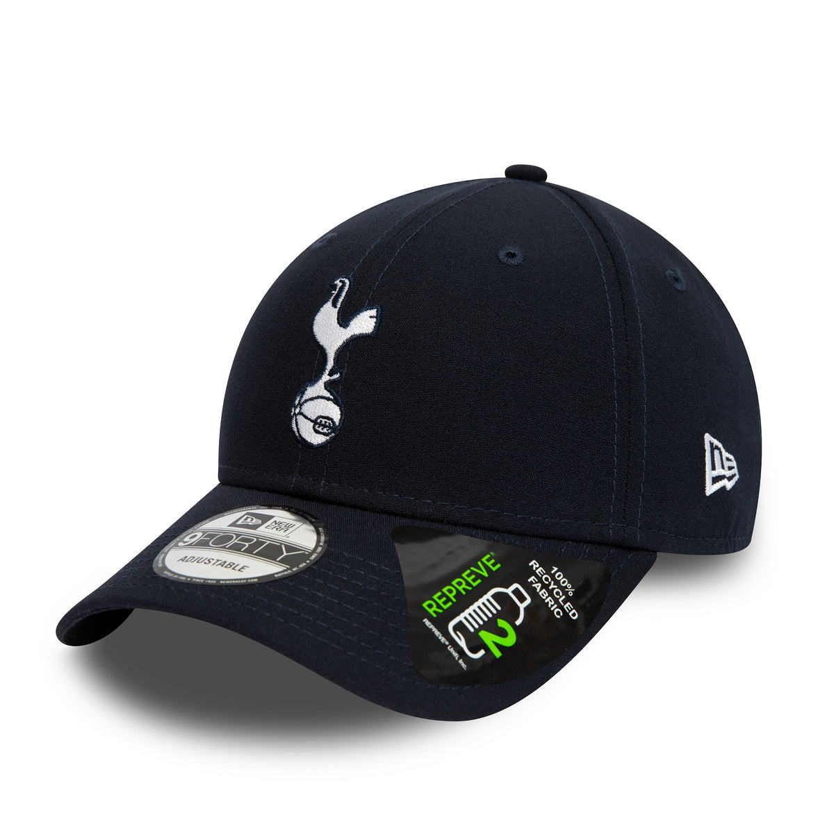 Tottenham Hotspur Repreve Navy New Era 9FORTY Adjustable Cap, three-quarter view with a white embroidered cockerel logo on the front panel, New Era flag logo on the left side, and 9FORTY size sticker on the visor.