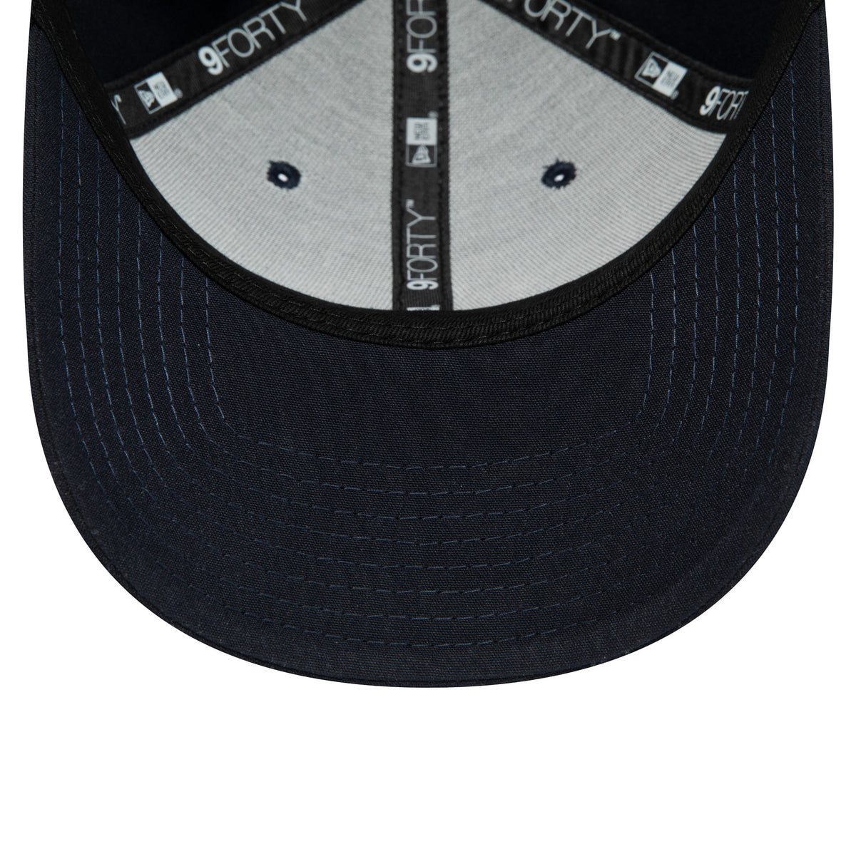 Tottenham Hotspur Repreve Navy New Era 9FORTY Adjustable Cap, inside view showing grey undervisor, black taping with white 9FORTY branding and dark navy stitching pattern across the visor.