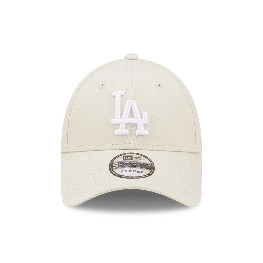 LA Dodgers League Essential Stone New Era 9FORTY Adjustable Cap, front view showing the raised white embroidered LA logo on the structured stone crown, with a 9FORTY size sticker on the slightly curved visor.