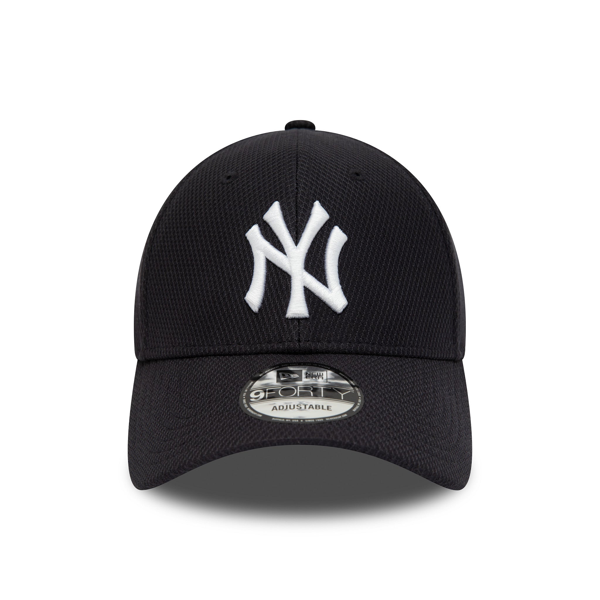 New York Yankees Diamond Era Essential Navy New Era 9FORTY Adjustable Cap, front view showing the raised white embroidered NY logo on the structured navy crown, with a 9FORTY size sticker on the curved visor.
