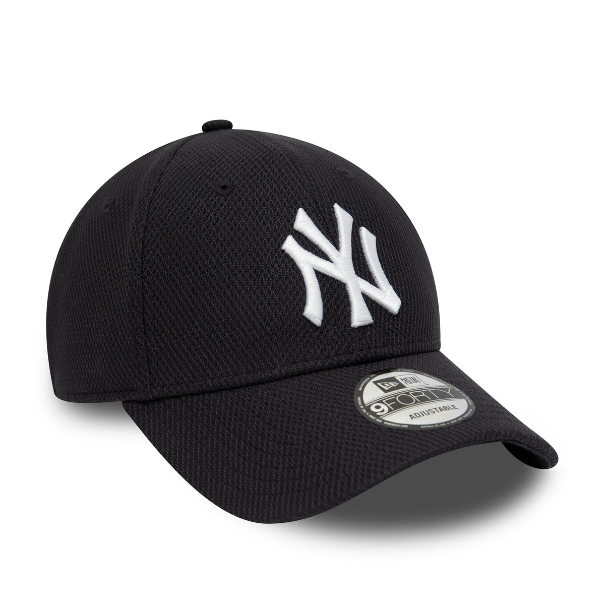 New York Yankees Diamond Era Essential Navy New Era 9FORTY Adjustable Cap, front view showing the raised white NY embroidered logo on the front panel and the 9FORTY size sticker on the navy curved visor.