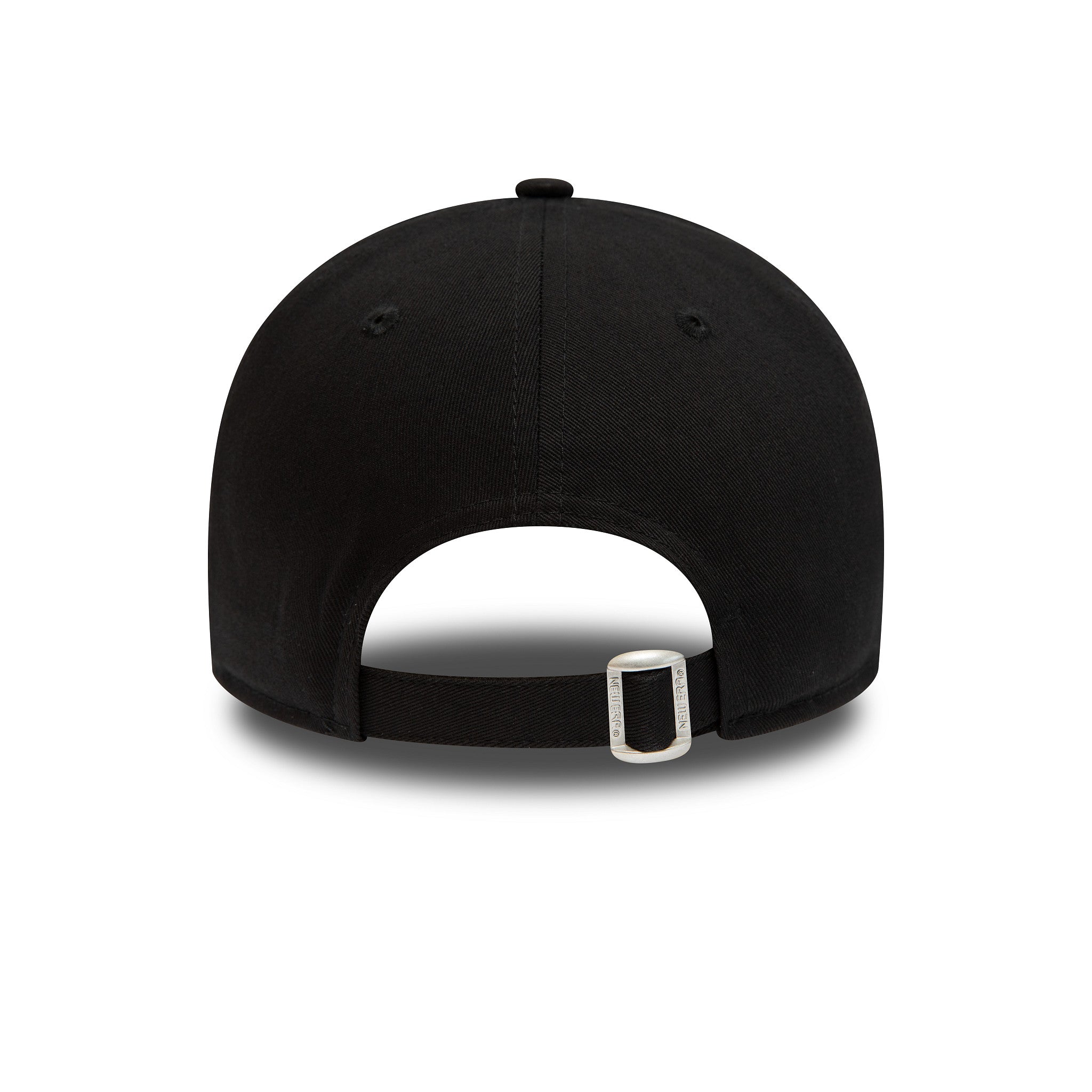 New York Yankees Diamond Era Essential Navy New Era 9FORTY Adjustable Cap, rear view showing a black strap with a silver buckle, with a plain navy crown and the top button centred above the panels.