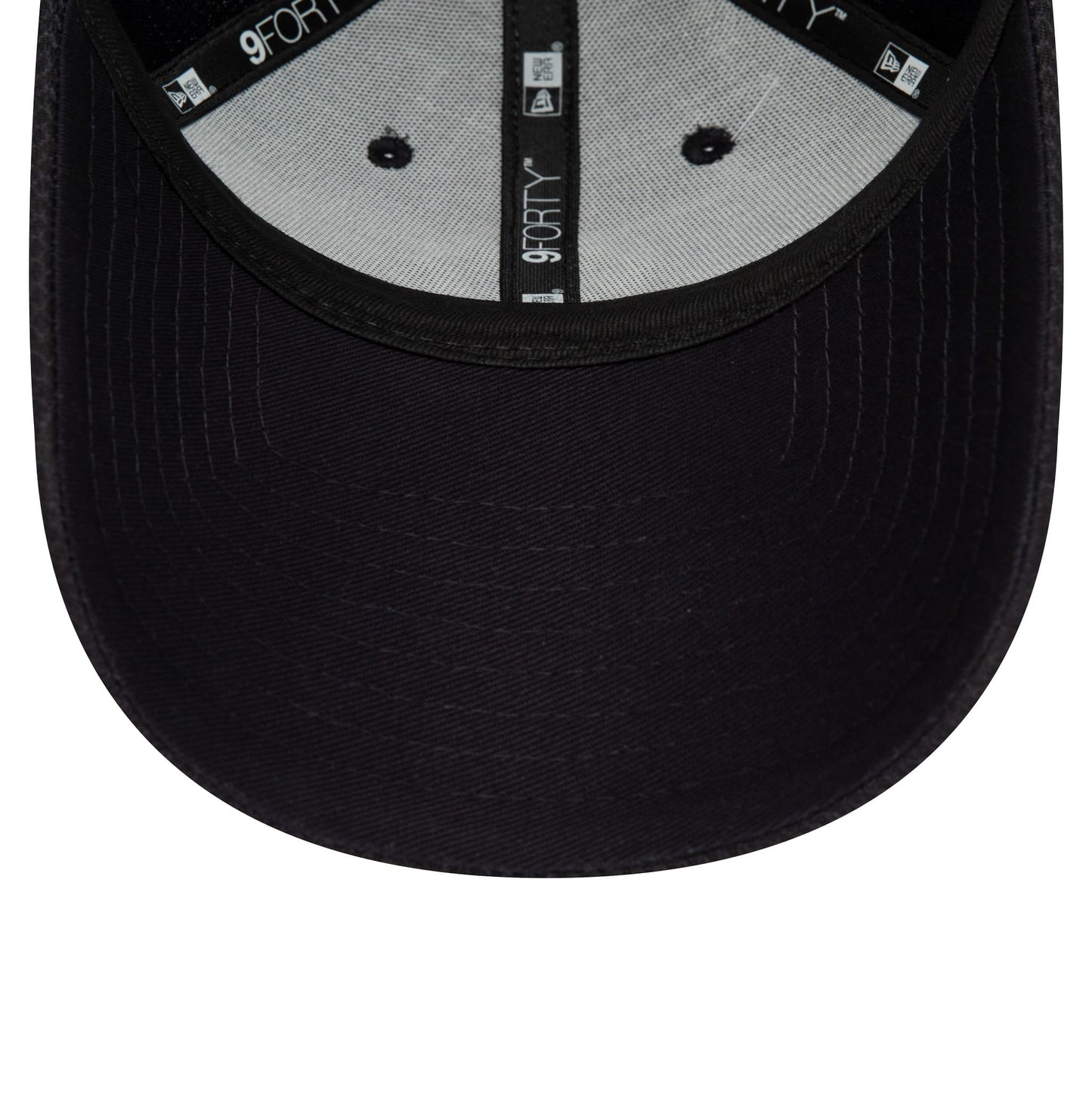 New York Yankees Diamond Era Essential Navy New Era 9FORTY Adjustable Cap, inside view showing the grey undervisor, black sweatband with white 9FORTY logos, and embroidered eyelets on the structured navy crown.