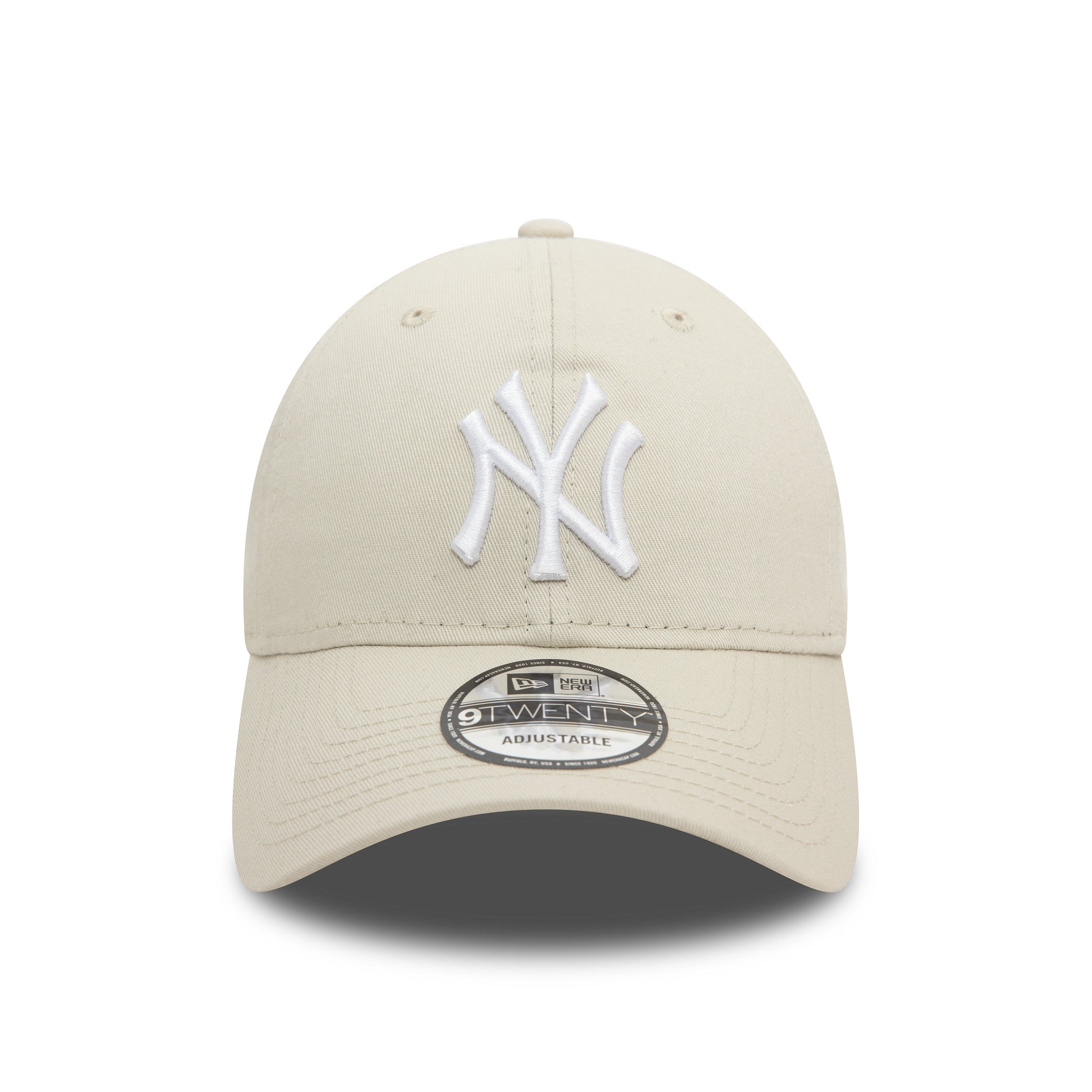 New York Yankees League Essential Stone New Era 9TWENTY Adjustable Cap, front view showing raised white embroidered NY logo on the structured stone crown, with a 9TWENTY size sticker centred on the curved visor.
