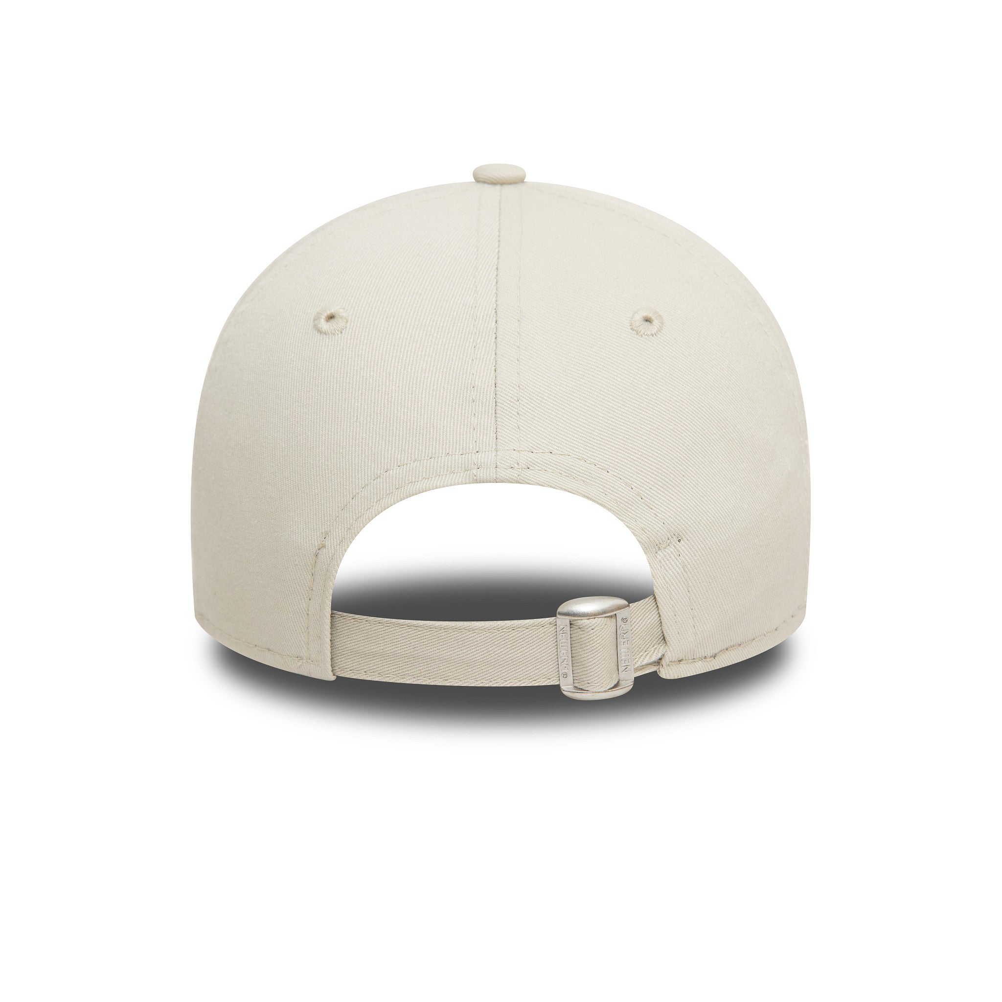 New York Yankees League Essential Stone New Era 9TWENTY Adjustable Cap, rear view showing a stone-coloured strap with metal buckle for adjusting the fit, centred on the unstructured crown with matching top button.