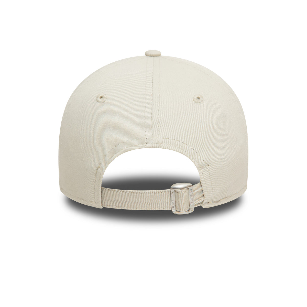 New York Yankees League Essential Stone New Era 9TWENTY Adjustable Cap, rear view showing a stone-coloured strap with metal buckle for adjusting the fit, centred on the unstructured crown with matching top button.
