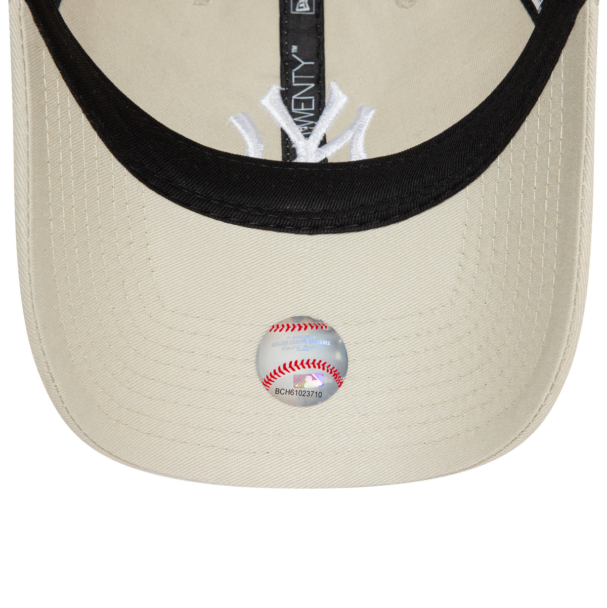 New York Yankees League Essential Stone New Era 9TWENTY Adjustable Cap, inside view showing black taping, a white interior logo, and the underside of the visor with a baseball-themed sticker.
