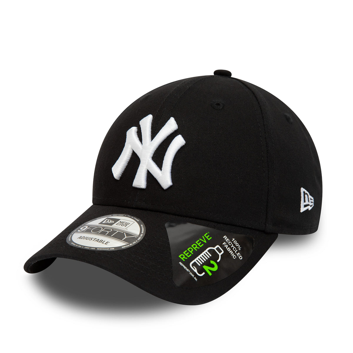 New York Yankees Repreve League Essential Black New Era 9FORTY Adjustable Cap, front view showing a raised white NY logo on the front panel, a curved visor with a 9FORTY size sticker, and New Era flag logo on the left side.