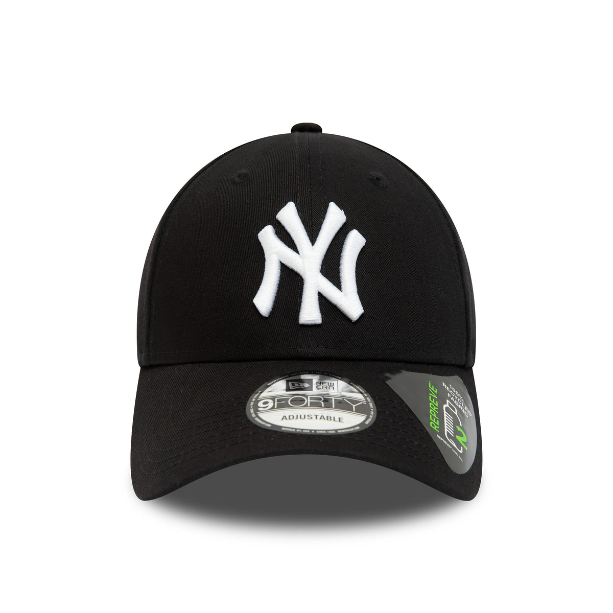 New York Yankees Repreve League Essential Black New Era 9FORTY Adjustable Cap, front view showing the raised white NY logo embroidered on the black front panels, with a 9FORTY size sticker and a Repreve sticker on the curved visor.