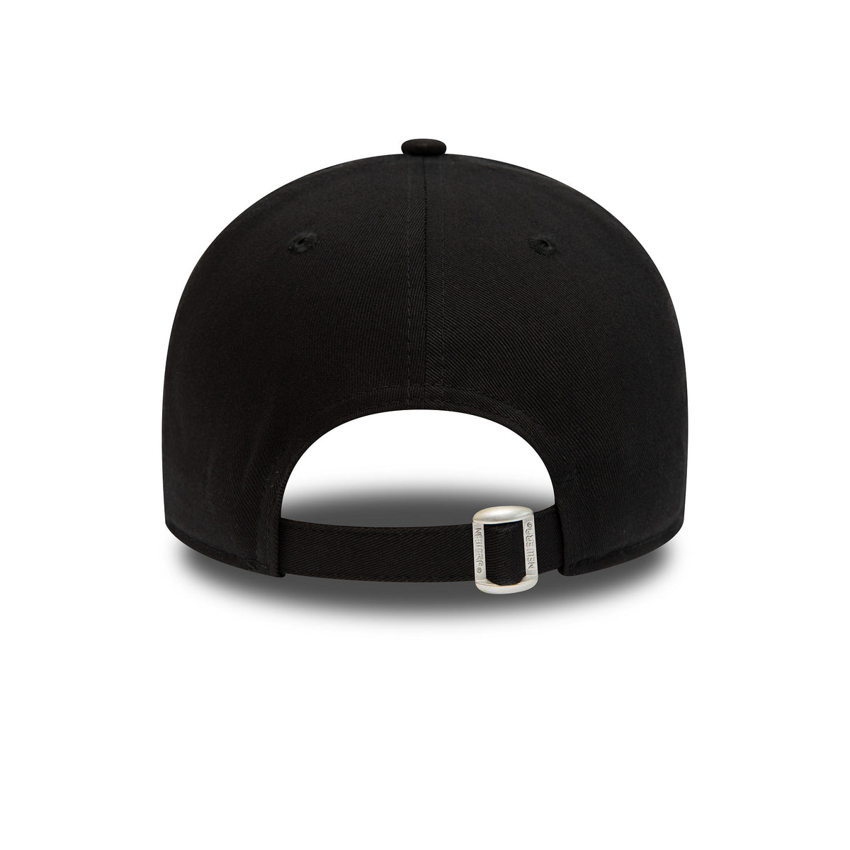 New York Yankees Repreve League Essential Black New Era 9FORTY Adjustable Cap, rear view showing the curved opening and adjustable strap with metal buckle at the back, set against a smooth black crown.
