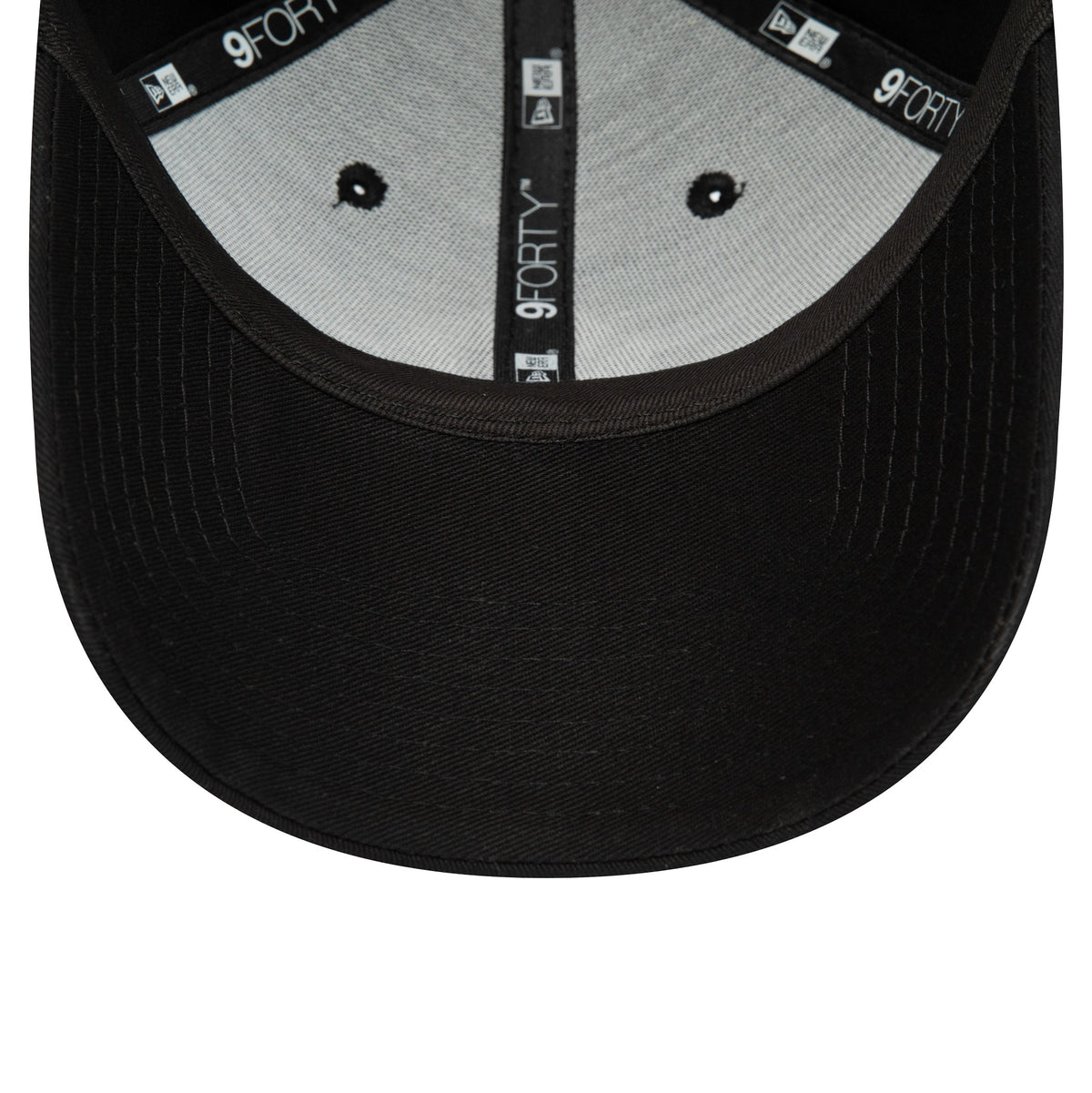 New York Yankees Repreve League Essential Black New Era 9FORTY Adjustable Cap, inside view showing black sweatband and taping with 9FORTY branding, along with a black undervisor against grey crown fabric.