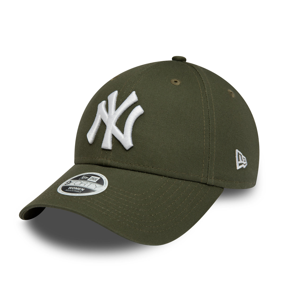 New York Yankees Womens League Essential Dark Green New Era 9FORTY Adjustable Cap, three-quarter view showing the white raised embroidered NY logo on the front panel, curved visor with a 9FORTY size sticker, and a New Era flag logo on the left side.