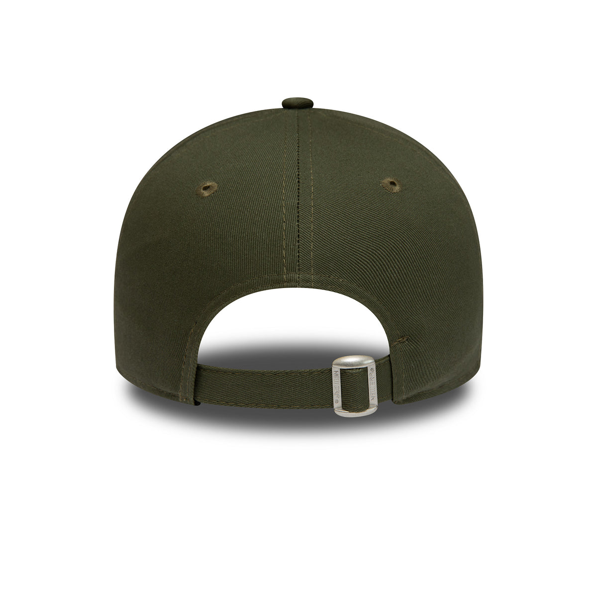New York Yankees Womens League Essential Dark Green New Era 9FORTY Adjustable Cap, rear view showing the strap and metal buckle closure, with eyelets on the dark green panels and a curved shape to the crown.