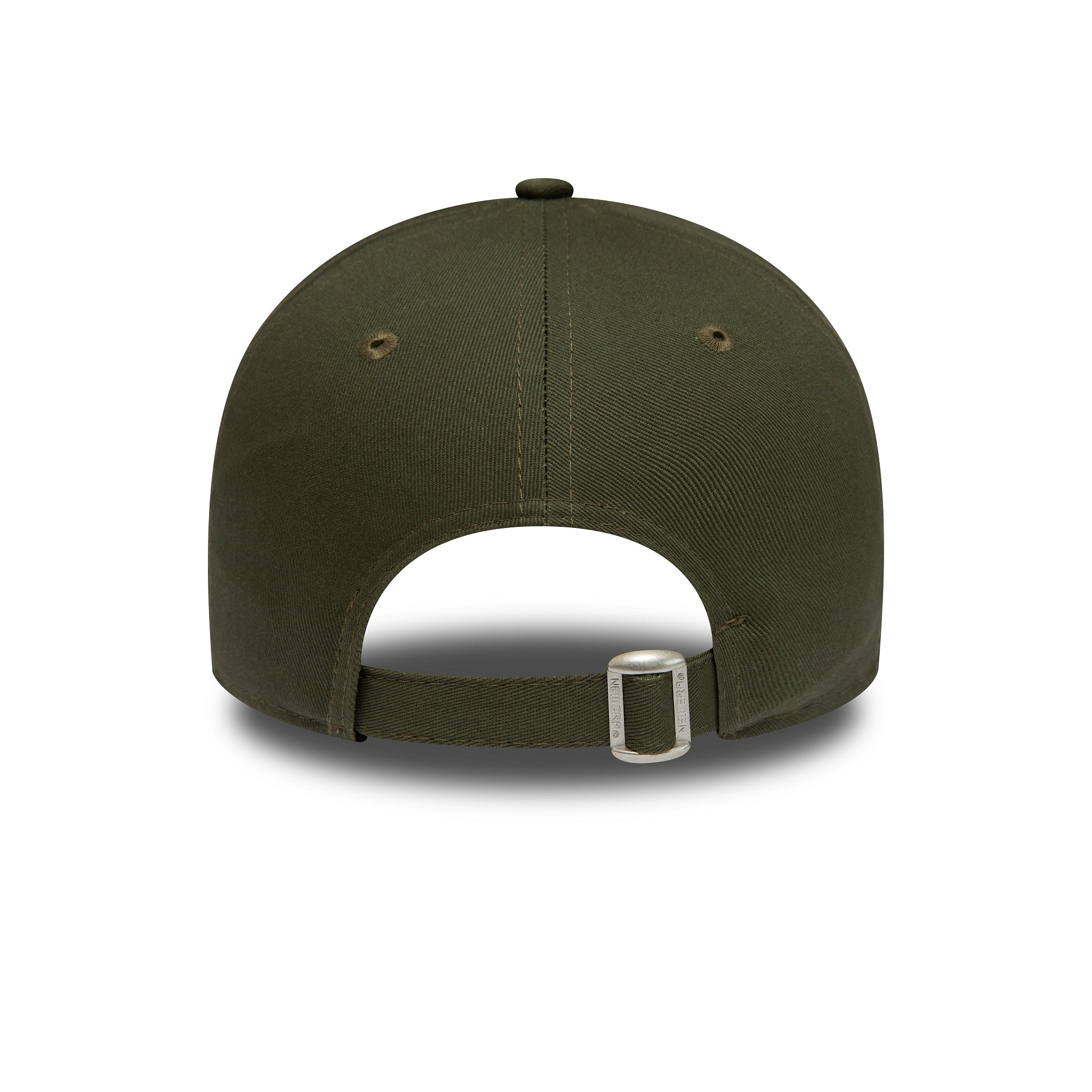 New York Yankees Womens League Essential Dark Green New Era 9FORTY Adjustable Cap, rear view showing the strap and metal buckle closure, with eyelets on the dark green panels and a curved shape to the crown.