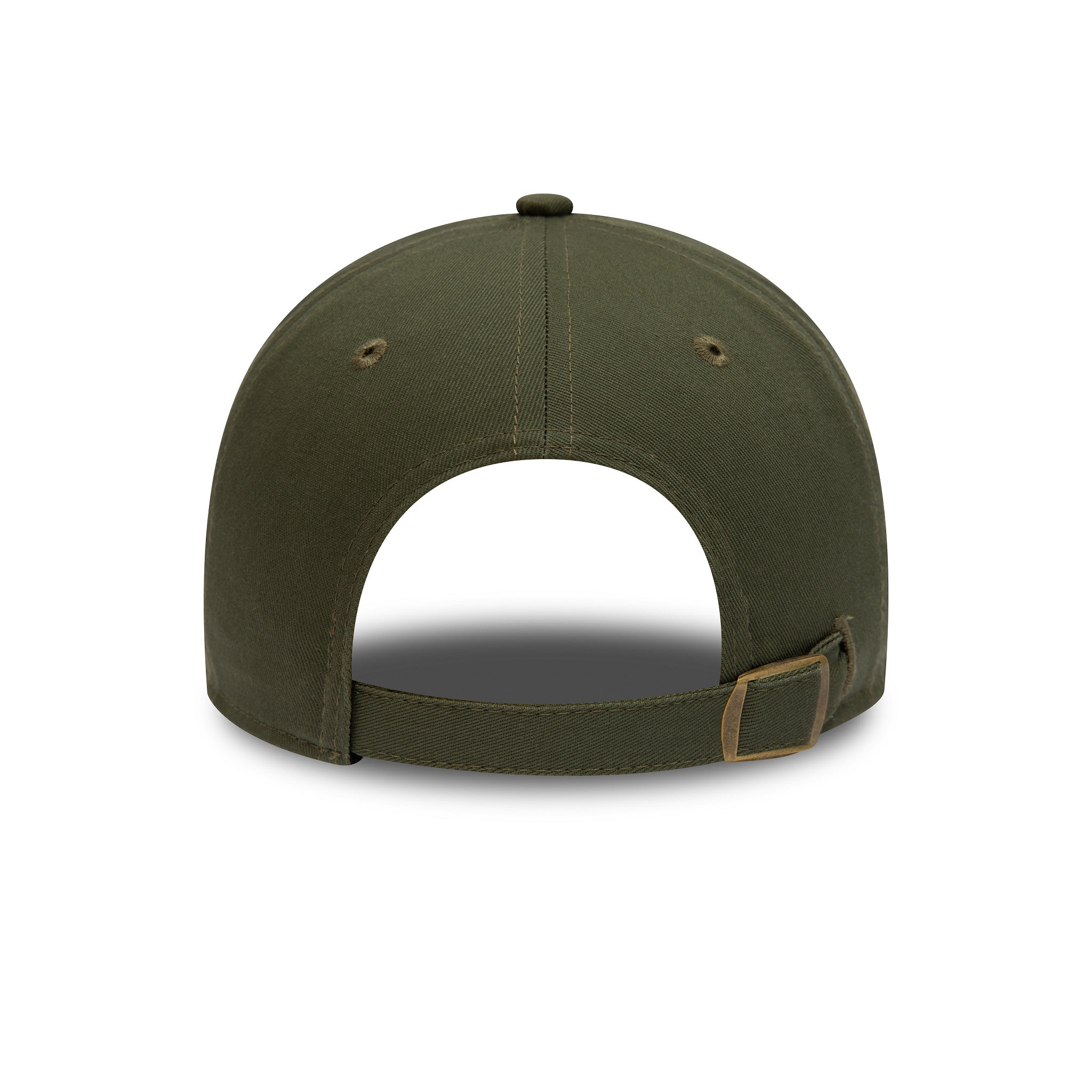 New York Yankees League Essential Green New Era 9TWENTY Adjustable Cap, rear view showing the unstructured green crown, olive eyelets, top button, and the adjustable strap with a brass buckle at the back.