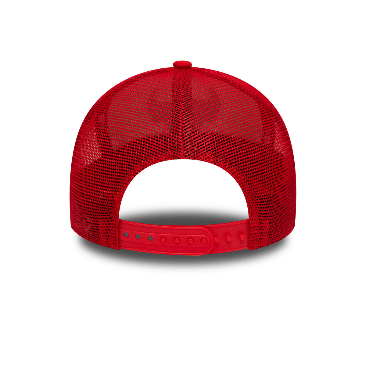 Chicago Bulls Team Colour Red A-Frame Trucker Cap, rear view showing the open mesh structure of the red back panels and an adjustable snapback closure with multiple size settings beneath the top button.